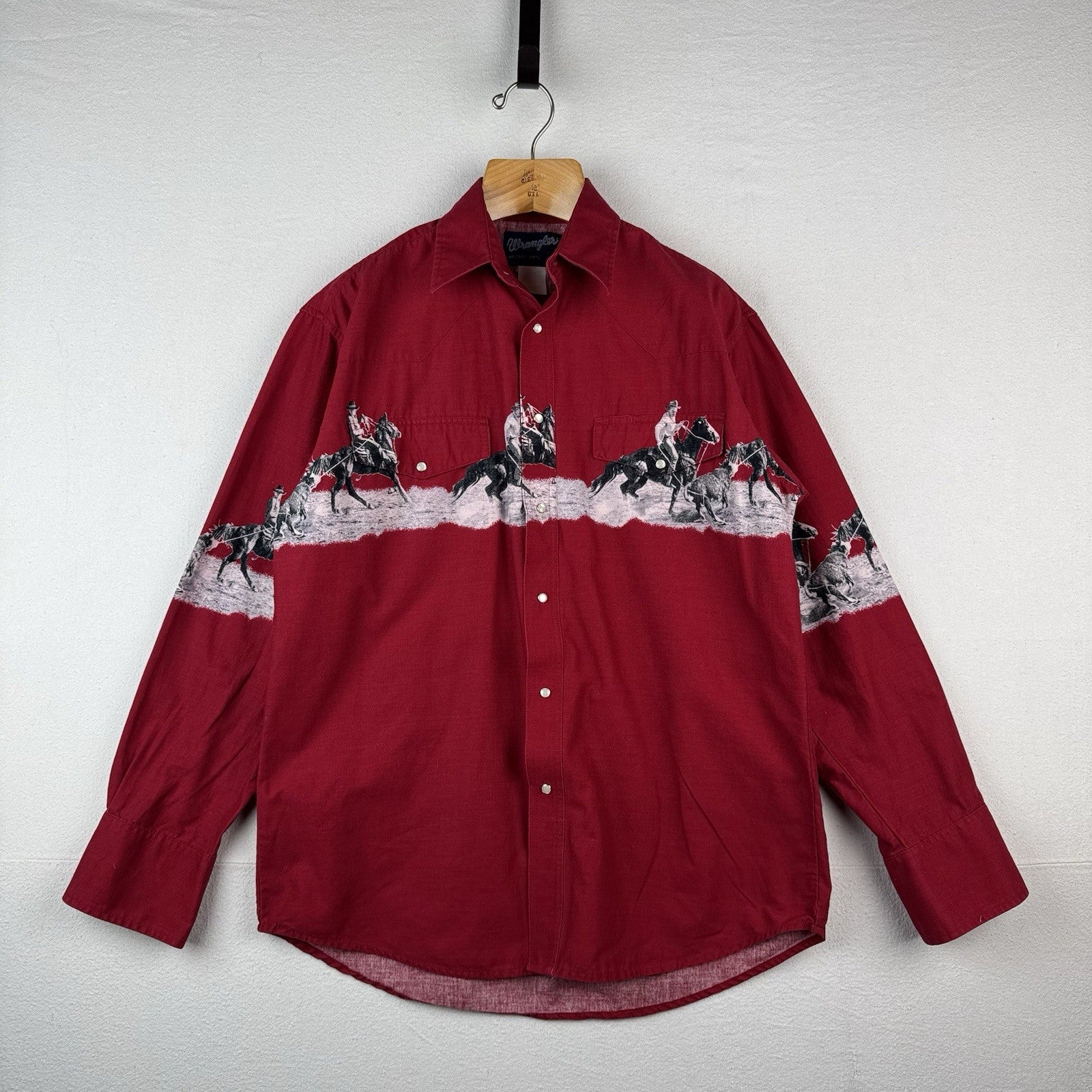 Vtg Wrangler Western Cowboy Print Graphic Pearl Snap Button Shirt Horses XL 46”