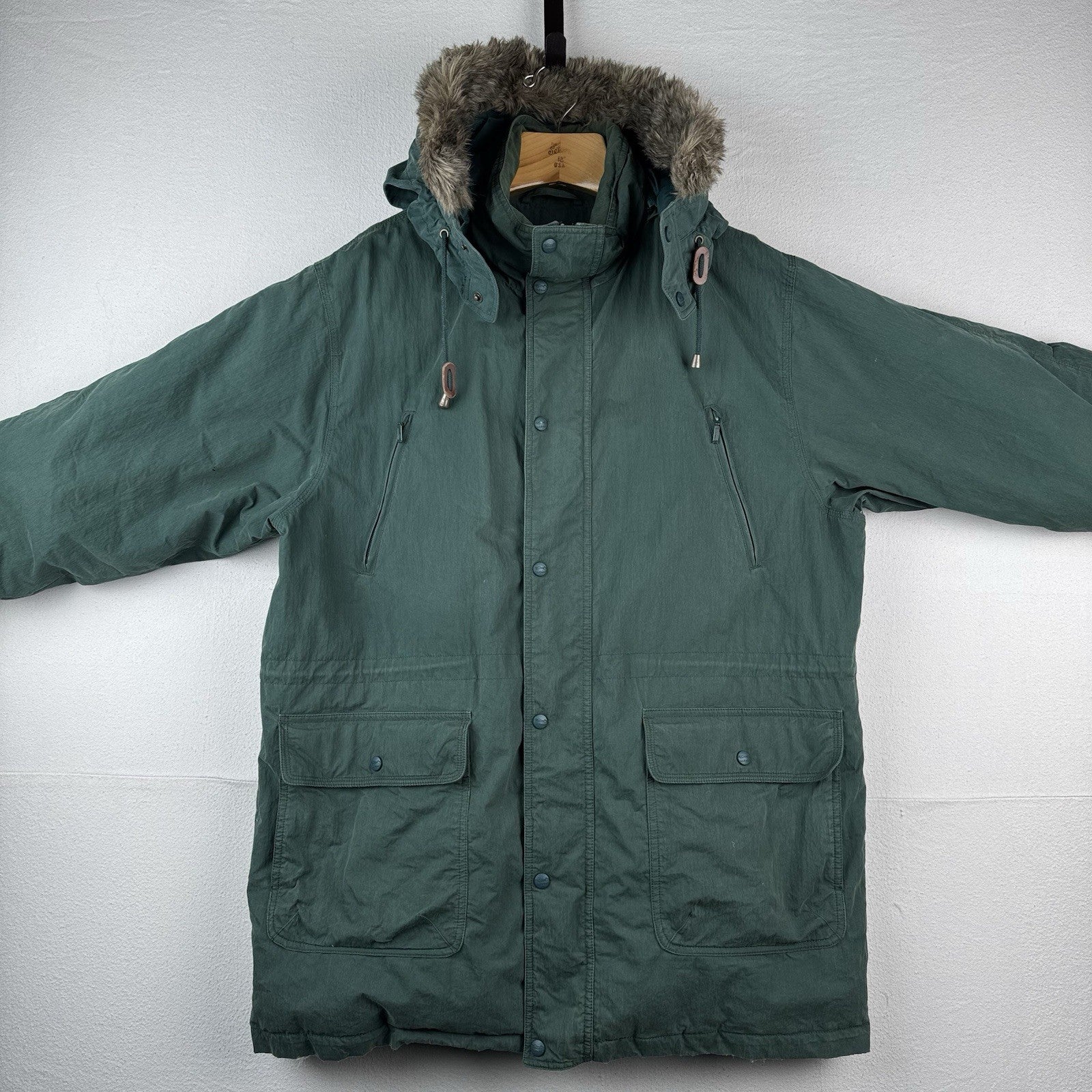 90’s Vtg L.L. Bean Men’s L Goose Down Faux Fur Hooded Parka Puffer Jacket Green