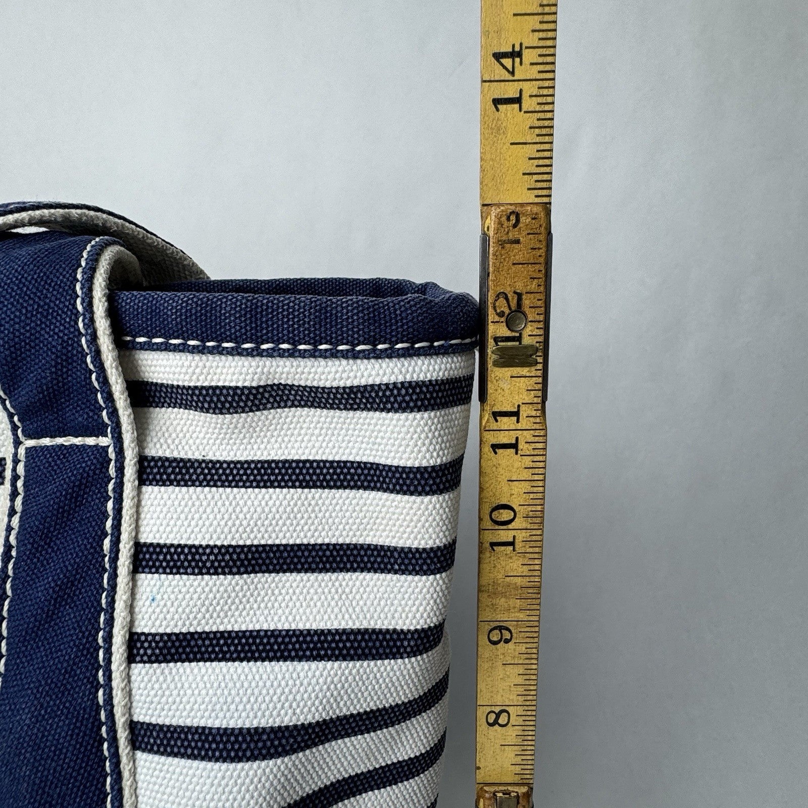 Lands’ End Canvas Large Blue and Natural Tan Striped Tote Beach Bag 15”x7”x12”