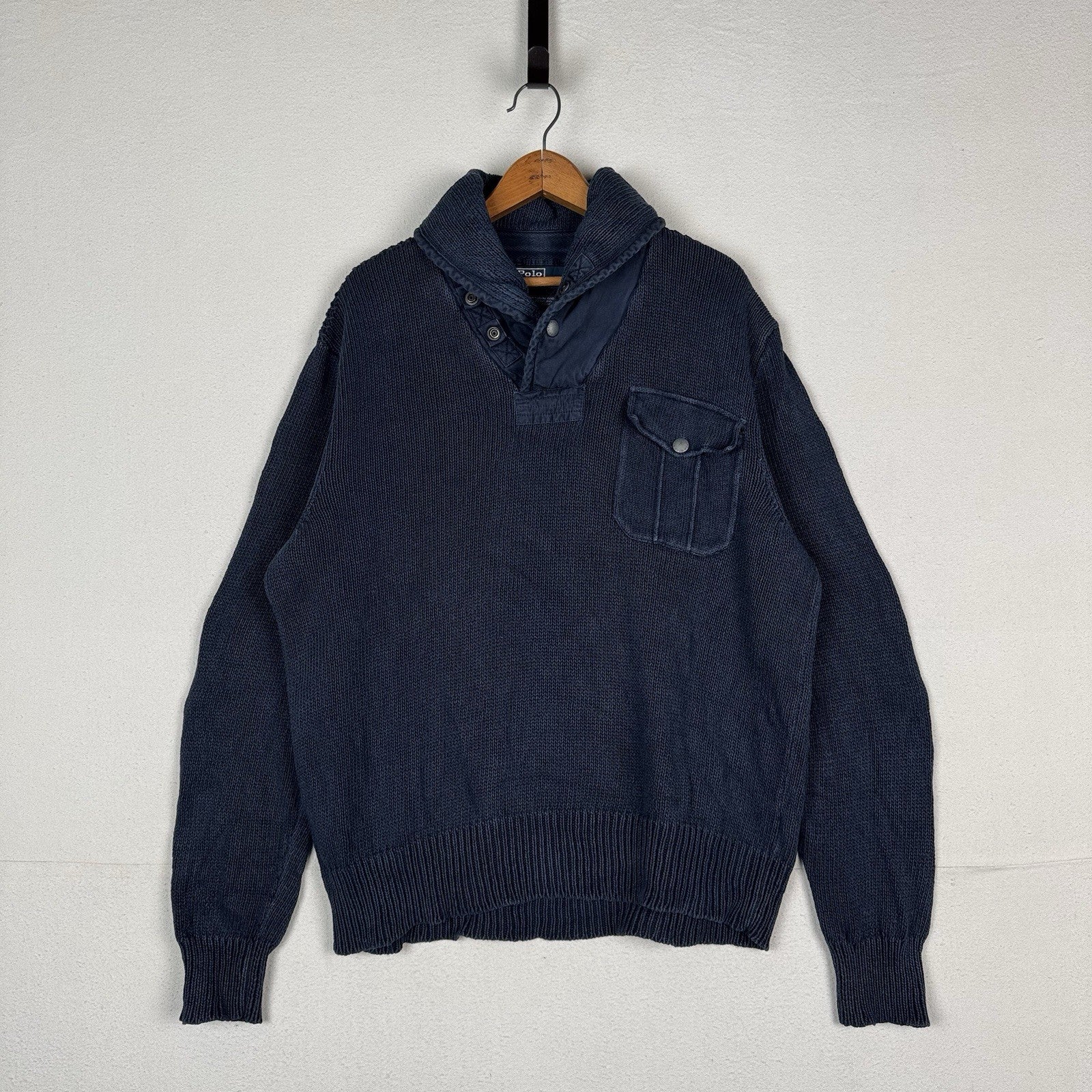 Vintage Polo Ralph Lauren Shawl Collar Sweater Men’s XL Blue Linen Cotton Blend