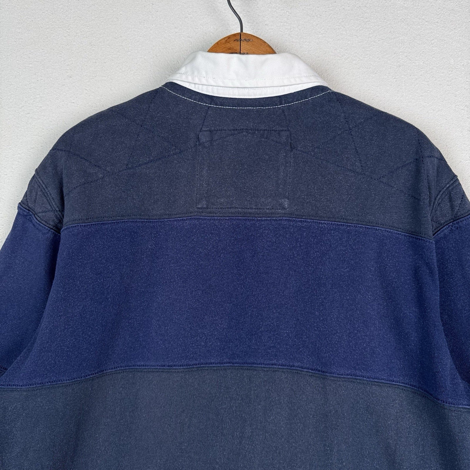 Eddie Bauer Mens Large Blue Striped Collared Rugby Polo Long Sleeve *Read