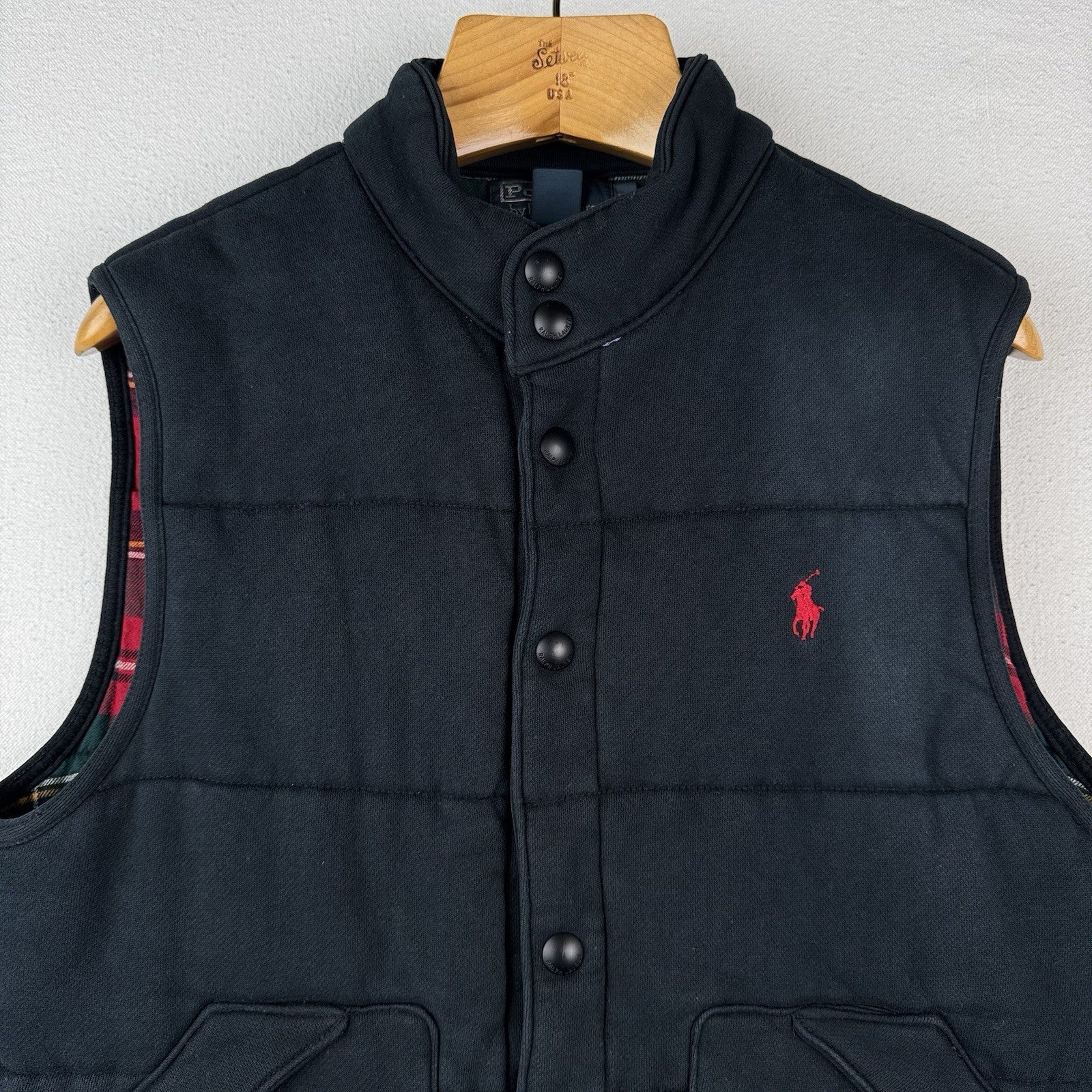 Vtg Polo Ralph Lauren Men M Black Quilted Puffer Vest Flannel Lining *Distressed
