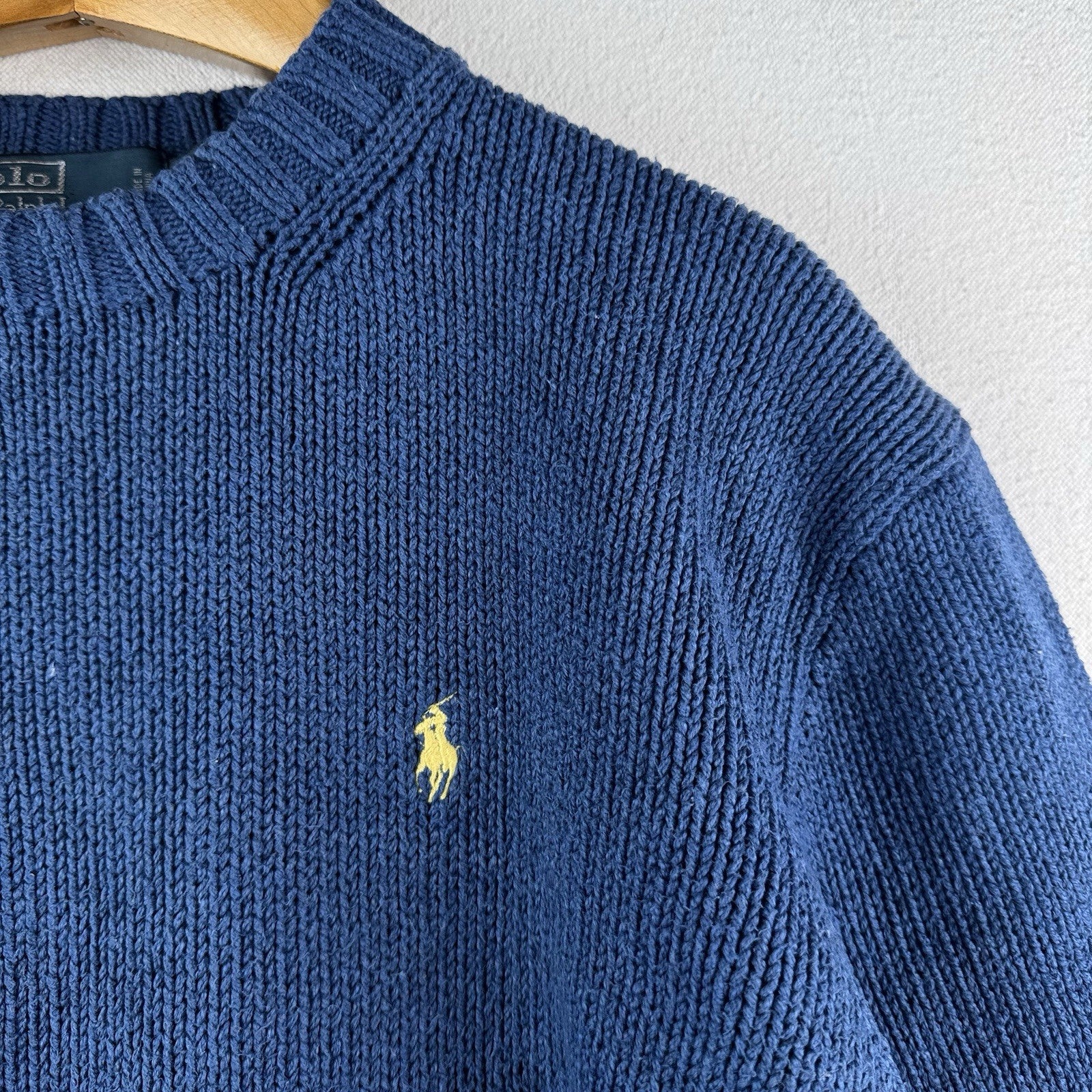 90’s Vintage Polo Ralph Lauren Sweater Men XL Blue Chunky Knit Crew Yellow Pony