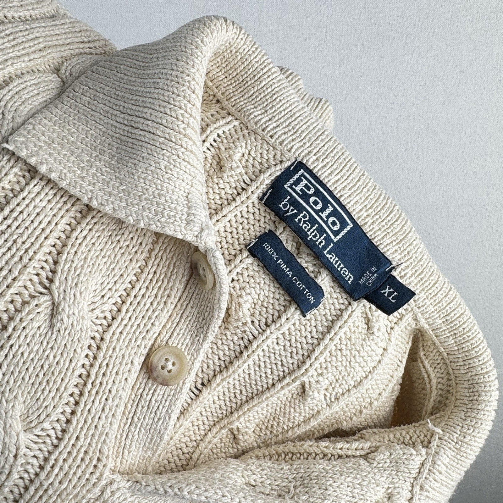 Vintage Polo Ralph Lauren Mens XL Cream Collared Cable Knit Sweater Pima Cotton