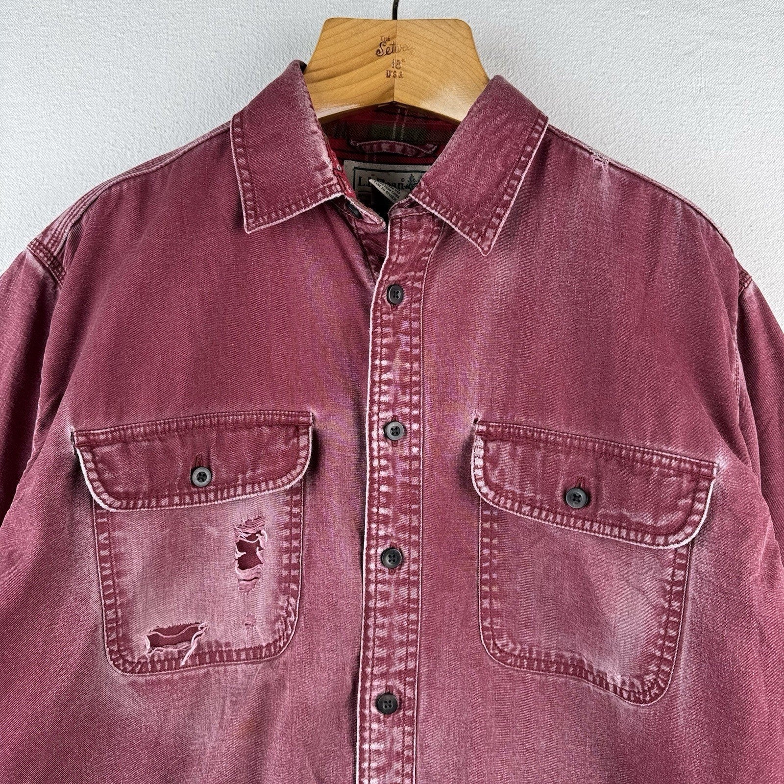 Vtg LL Bean Hurricane Shirt Mens Large Wine Red Plaid Flannel Lined Distressed