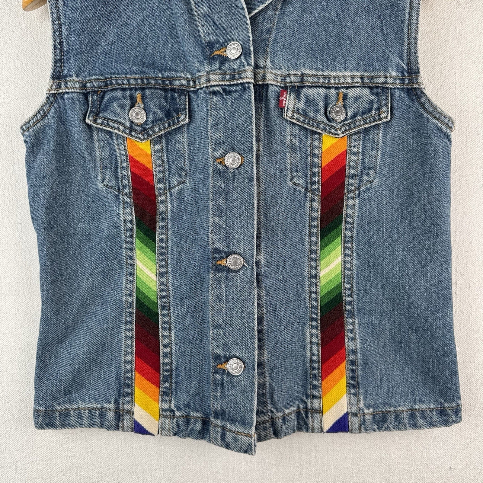 Vintage Levi's Denim Serape Blanket Medium Buckle Back Vest Red Tab Made USA