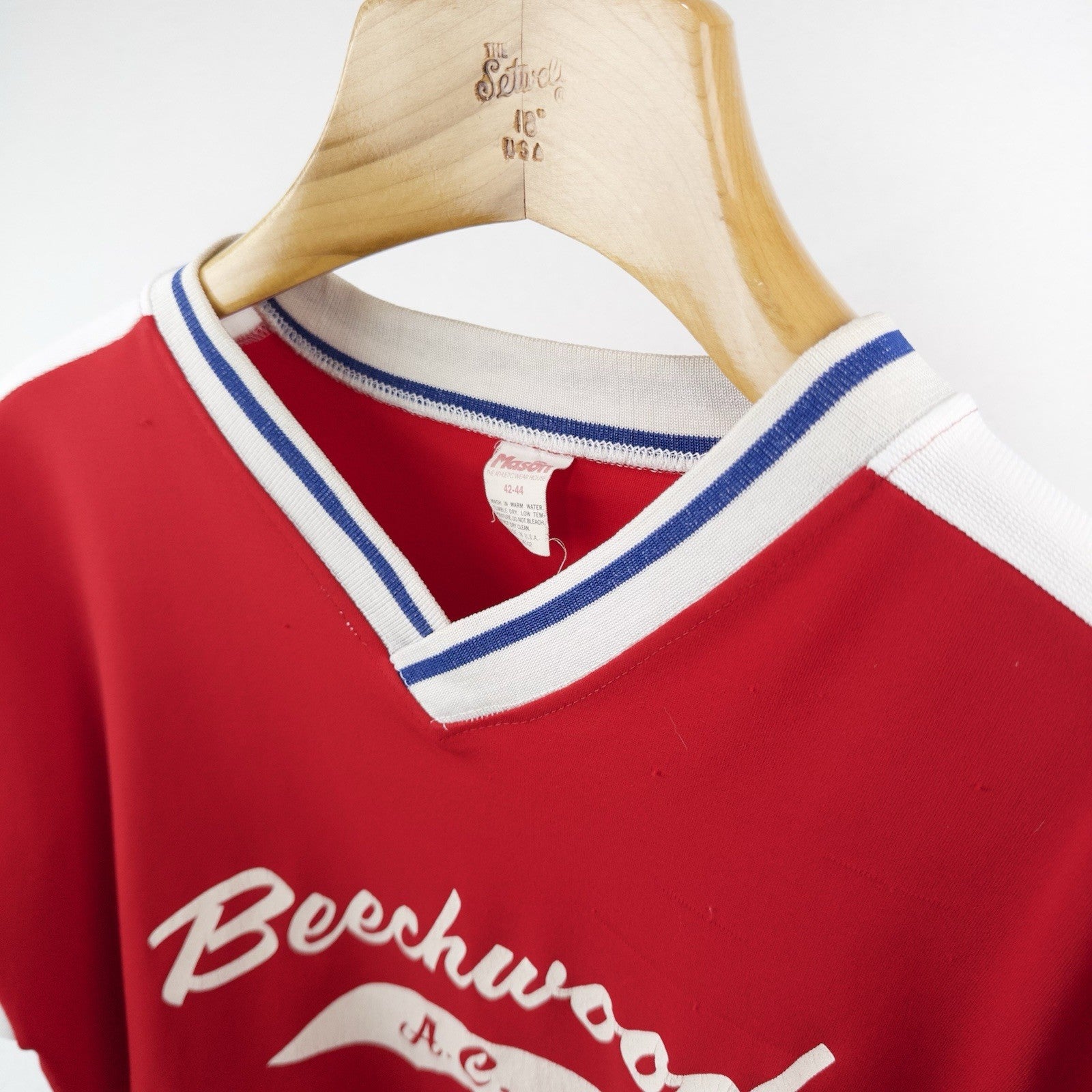 80’s Vtg Mason Ringer V-neck Jersey Men’s 42-44 (L) Red White Blue