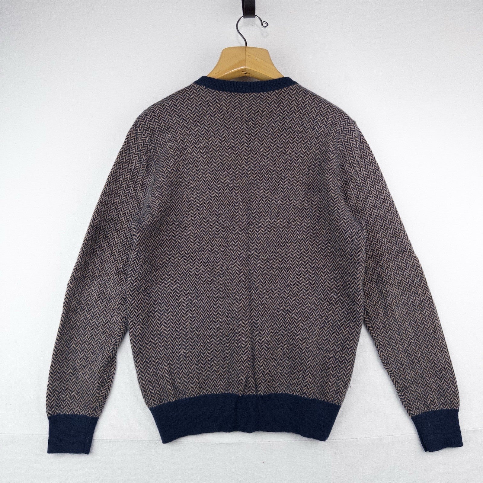 J.Crew 100% Cashmere Herringbone Jacquard Crewneck Sweater Men’s Large Blue Tan