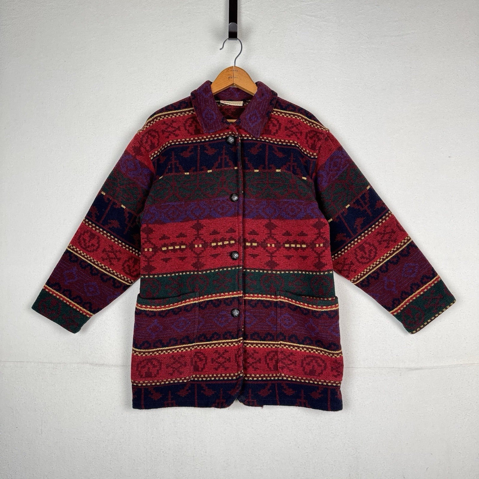 Vintage Wool Aztec Jacket Women Medium Petite Red Southwestern Navajo Barn 90s