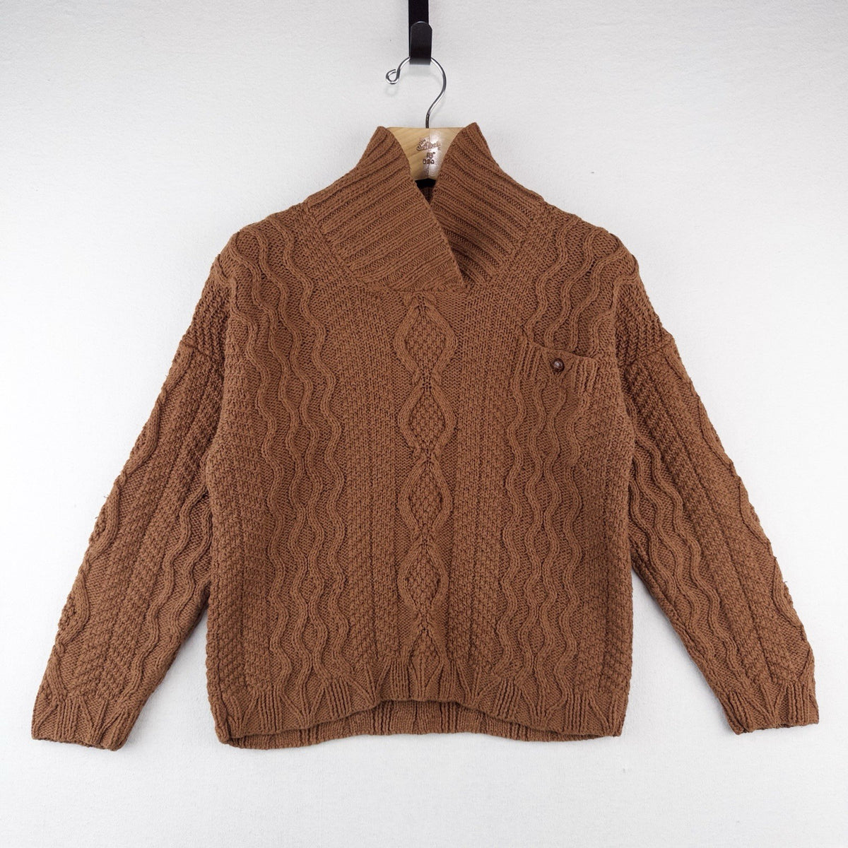 Cambridge Dry Goods Brown Cable Knit Wool Shawl Collar Sweater Women’s Small