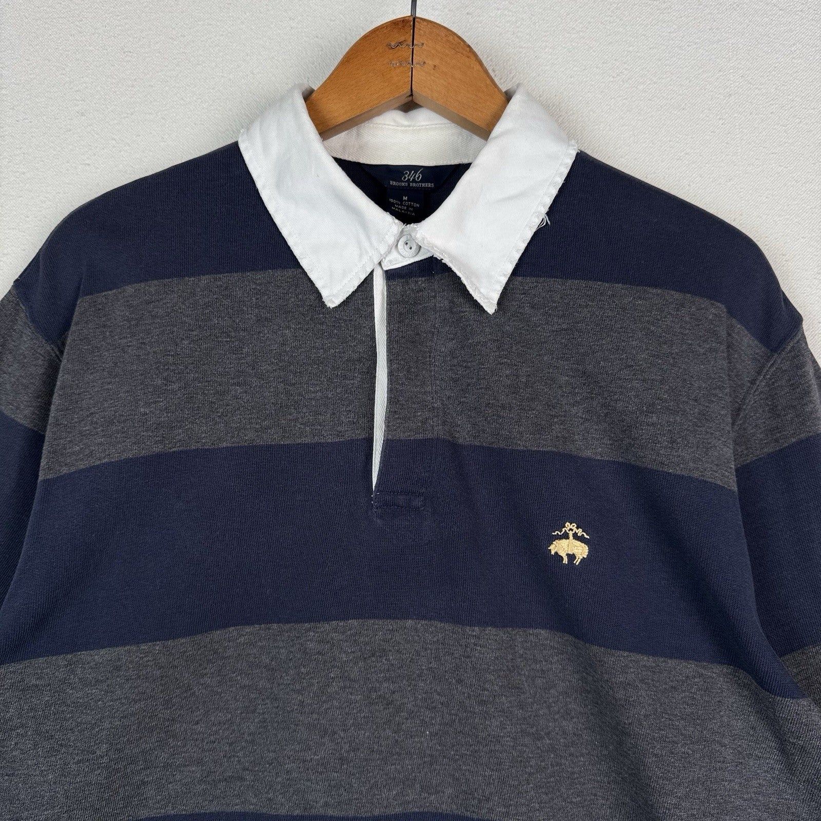 Brooks Brothers Rugby Shirt Men's Medium Blue Gray 346 Striped Polo *Distressed