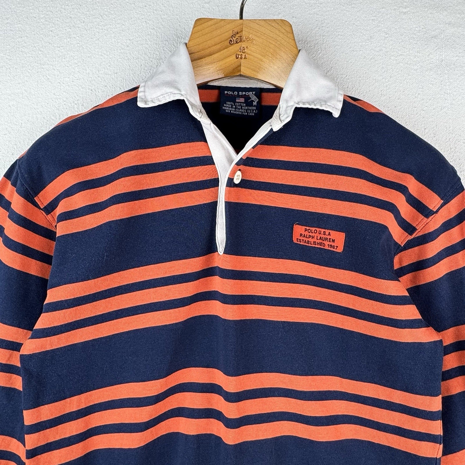 90’s Vtg Ralph Lauren Polo Sport Women’s Medium Orange Blue Stripe Shirt 17”