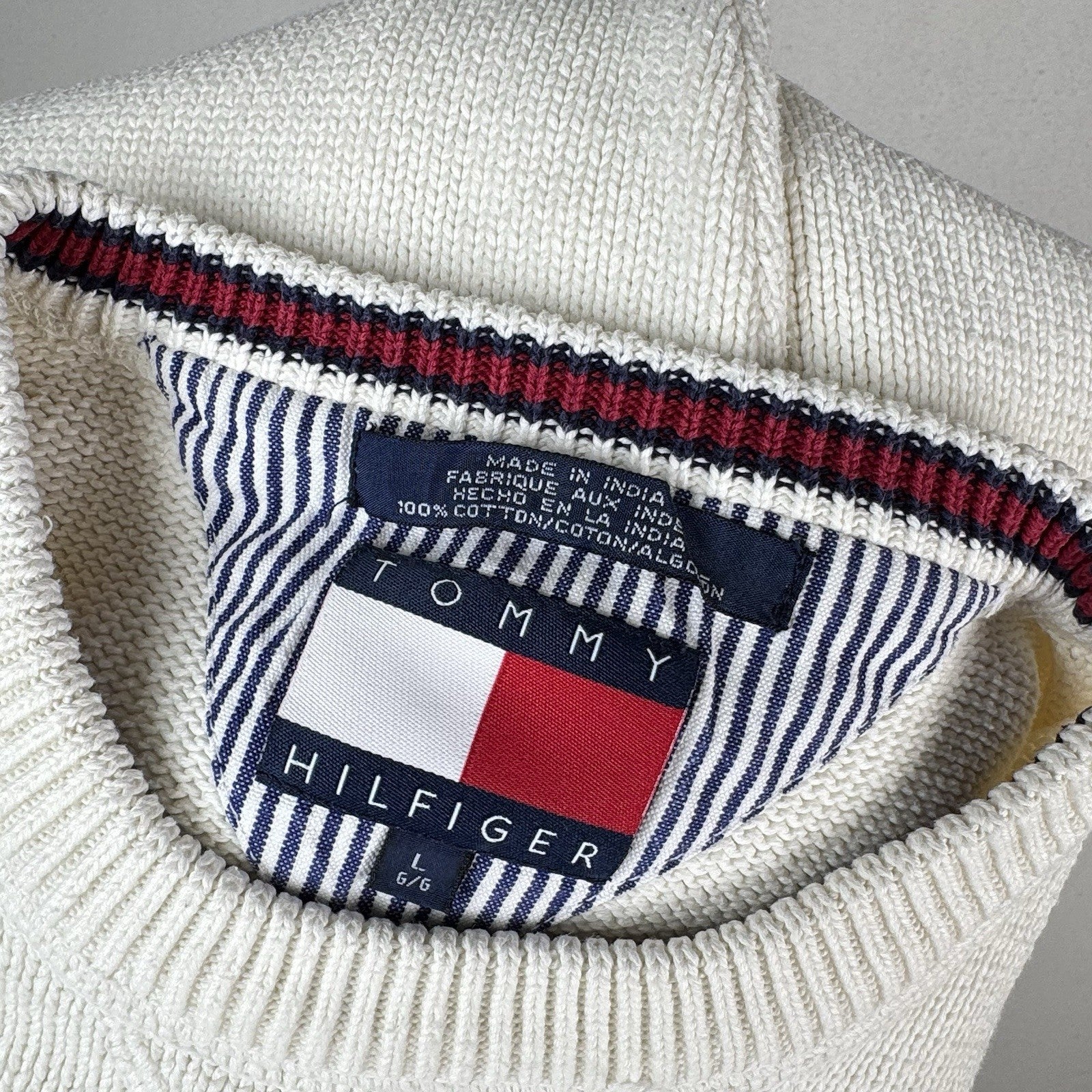 Vintage Tommy Hilfiger Men's Knit Cotton Crewneck Sweater Large White