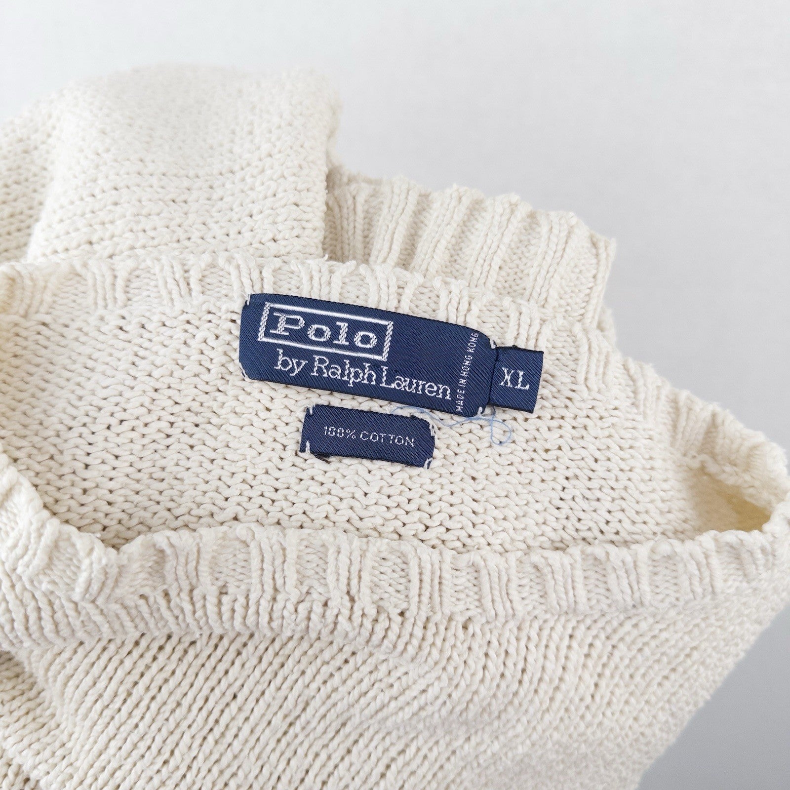 90s Vtg Polo Ralph Lauren Sweater Men's XL Cream 100% Cotton Crewneck Navy Pony