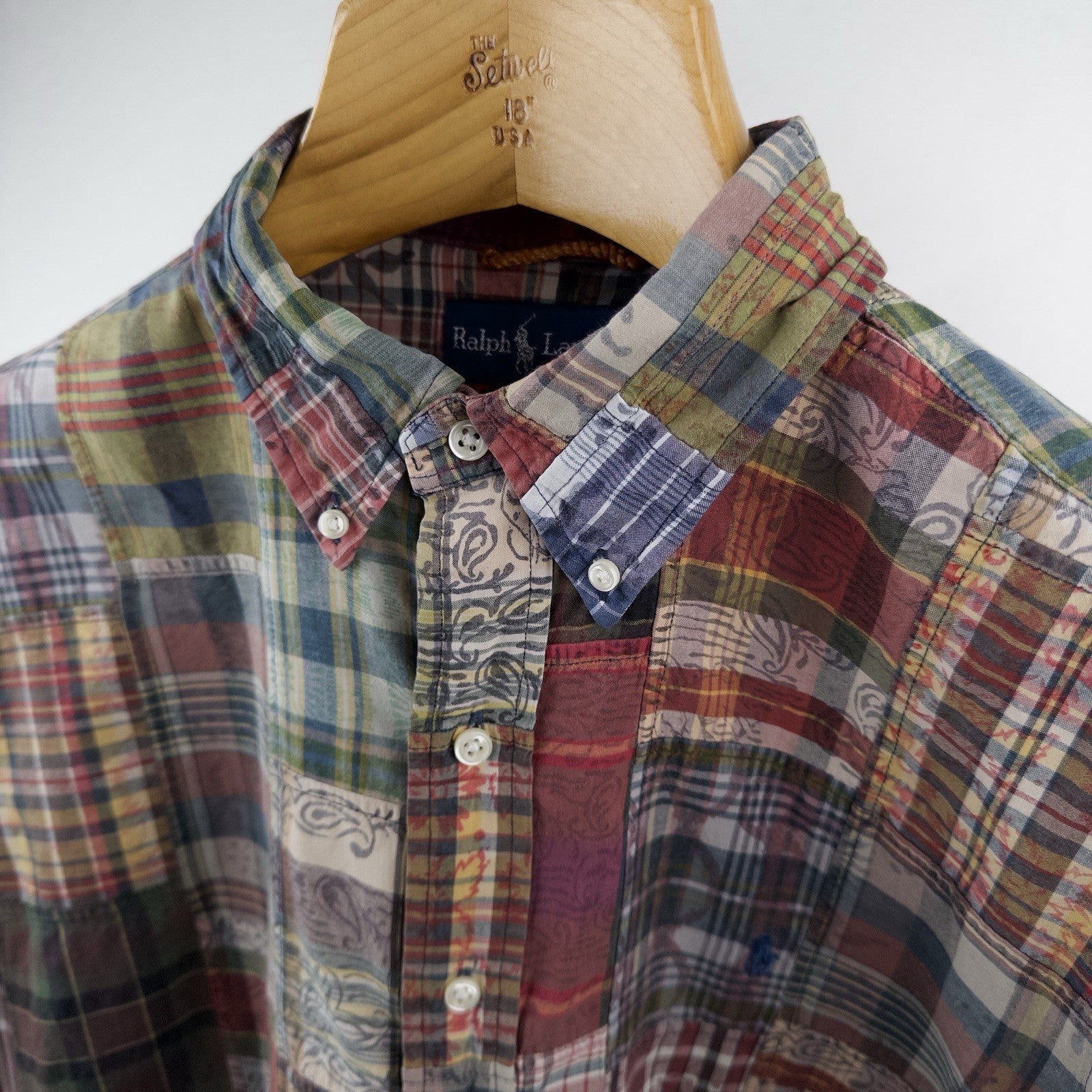 90’s Vtg Polo Ralph Lauren Men’s XL Plaid Madras Patchwork Button Down Shirt