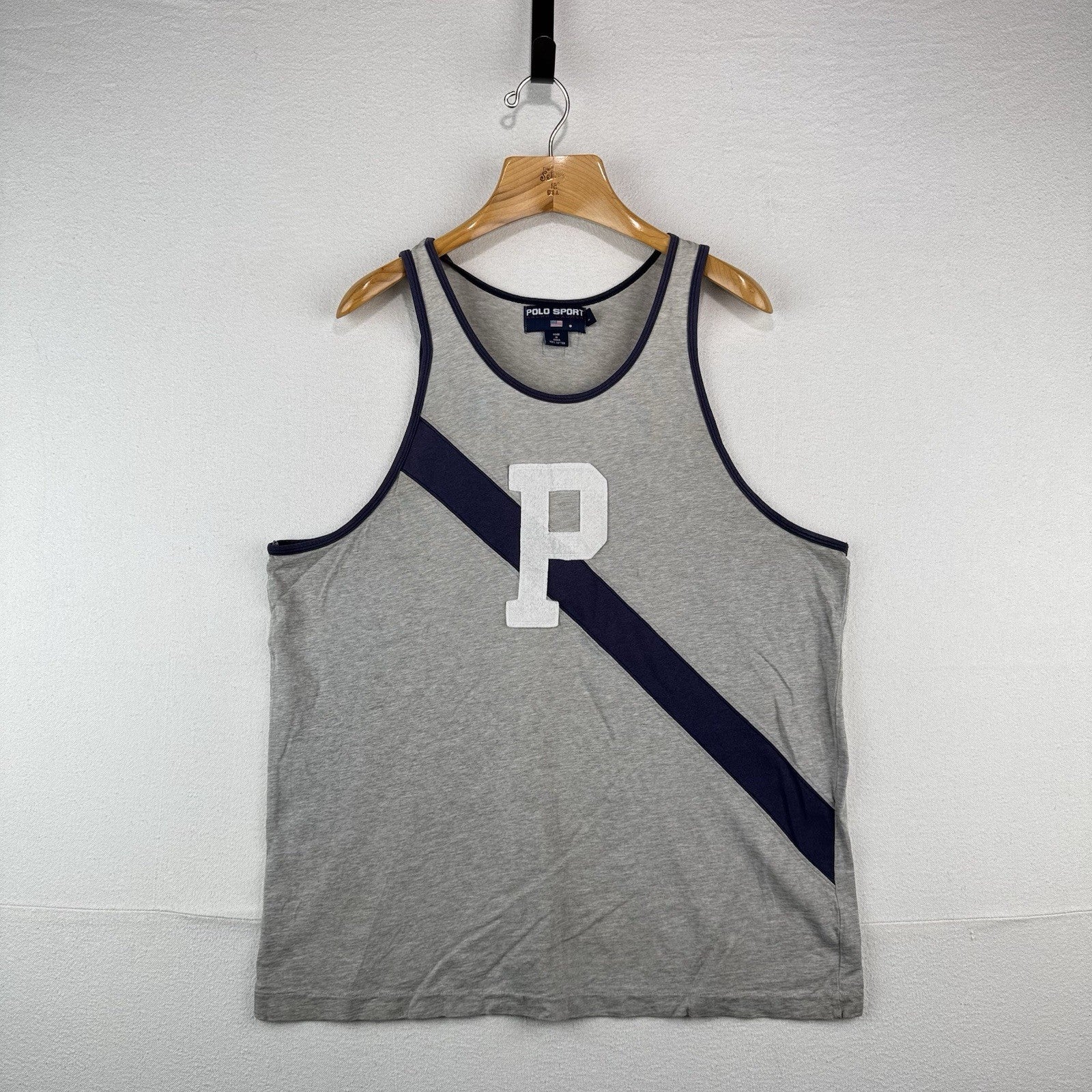 90’s Vtg Polo Sport Ralph Lauren P Stripe Ringer Tank Top Shirt Men’s Large Gray