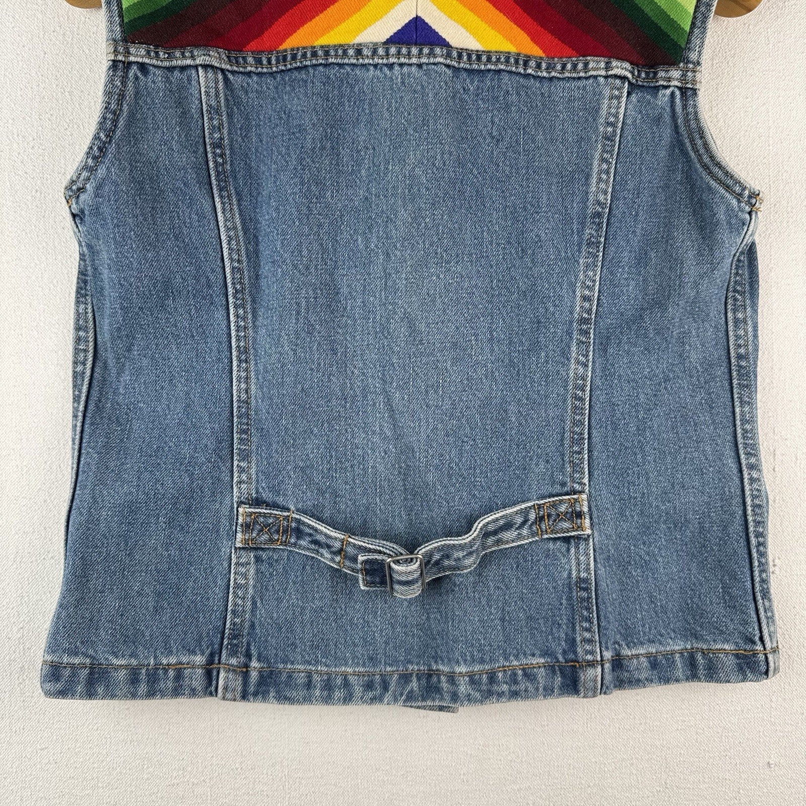 Vintage Levi's Denim Serape Blanket Medium Buckle Back Vest Red Tab Made USA