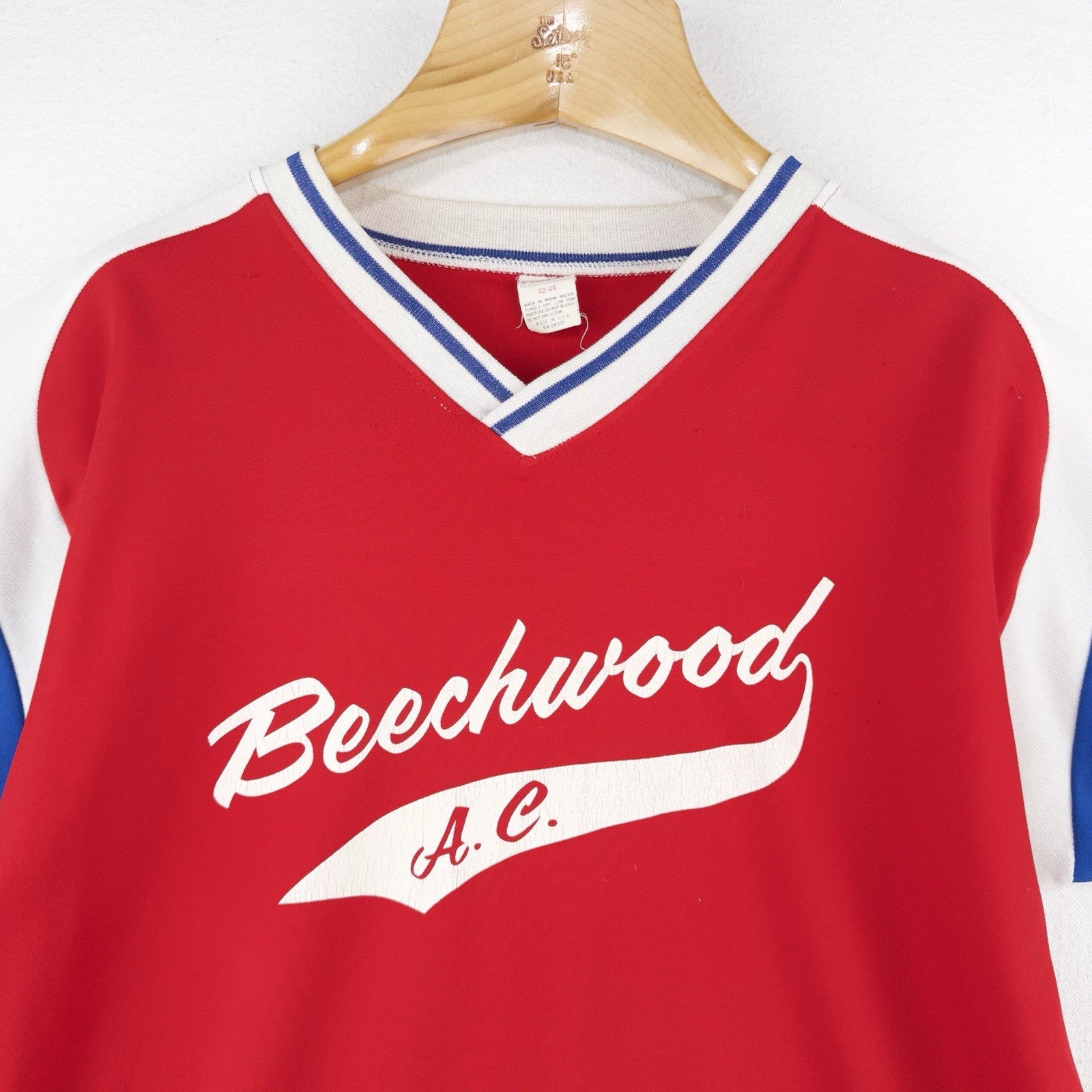 80’s Vtg Mason Ringer V-neck Jersey Men’s 42-44 (L) Red White Blue