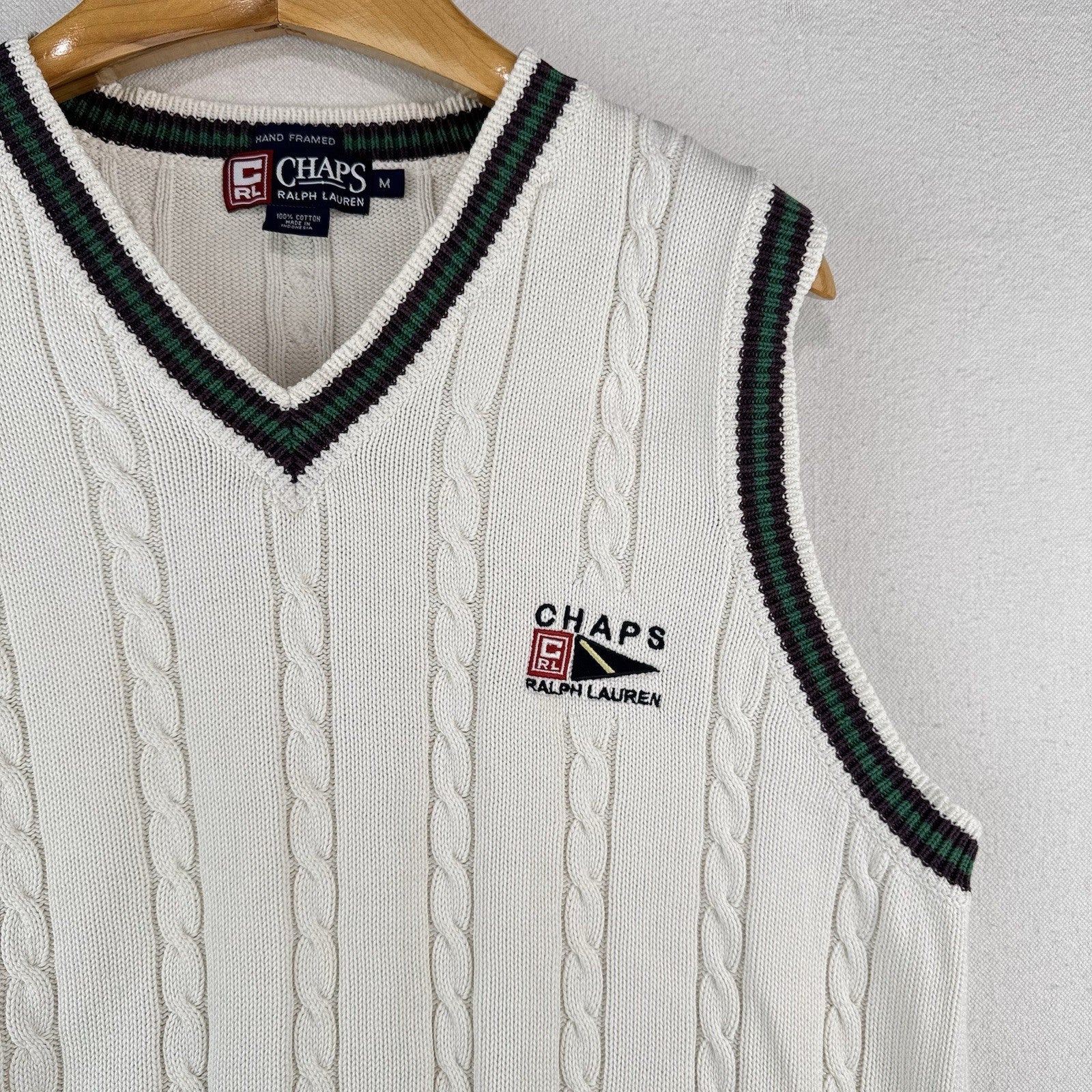90’s Vtg Chaps by Ralph Lauren Men’s M Cream Cable-knit Cricket Vest Hand Framed