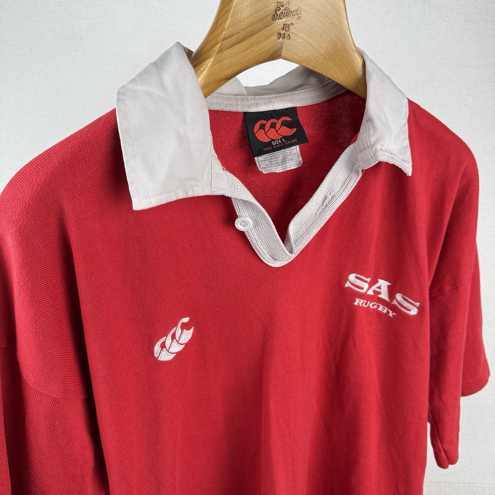80’s Vtg Canterbury South Africa SAS Rugby Polo Shirt Red White Collar #25 Men L