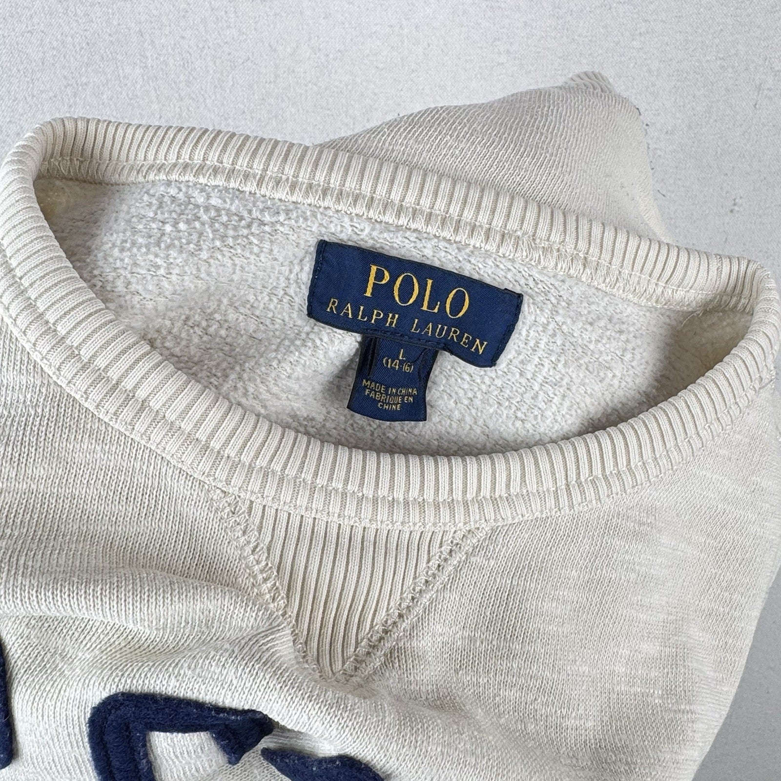 Polo Ralph Lauren Boy’s Large 14/16 Spell Out Crew Cream Sweatshirt Pocket *Read