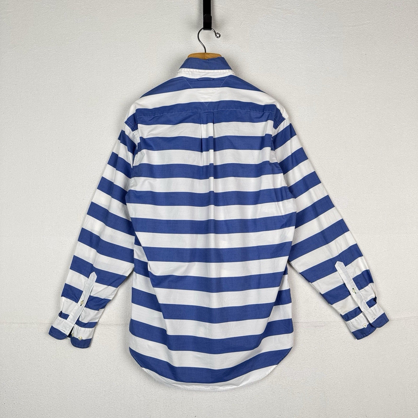 Vintage Tommy Hilfiger Mens M Button Down Shirt Blue White Striped Crest Logo