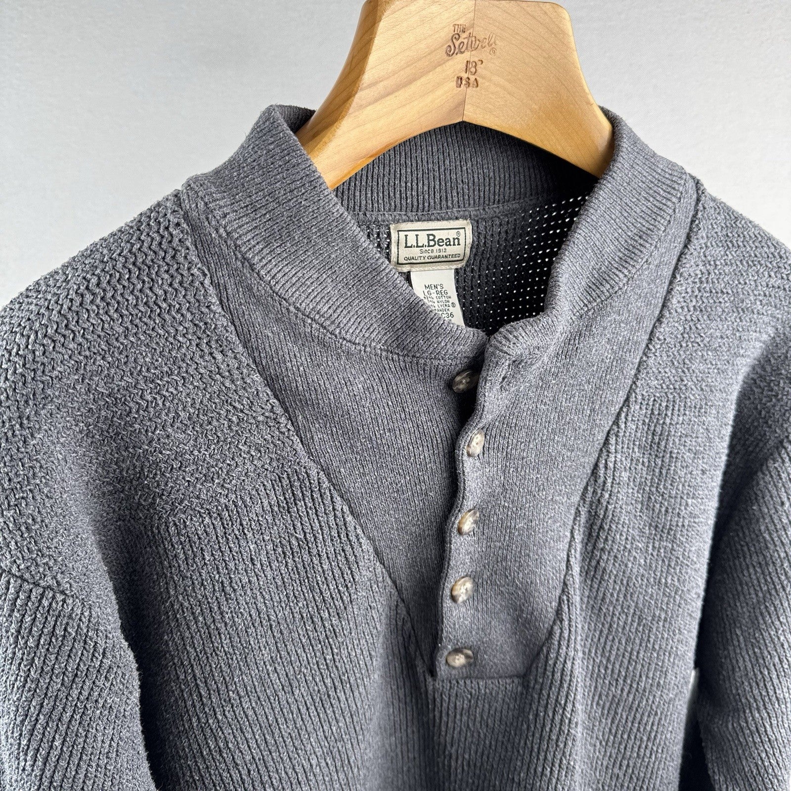 Vtg LL Bean Henley Fisherman Sweater Men’s Large Gray 1/4 Button Heavy