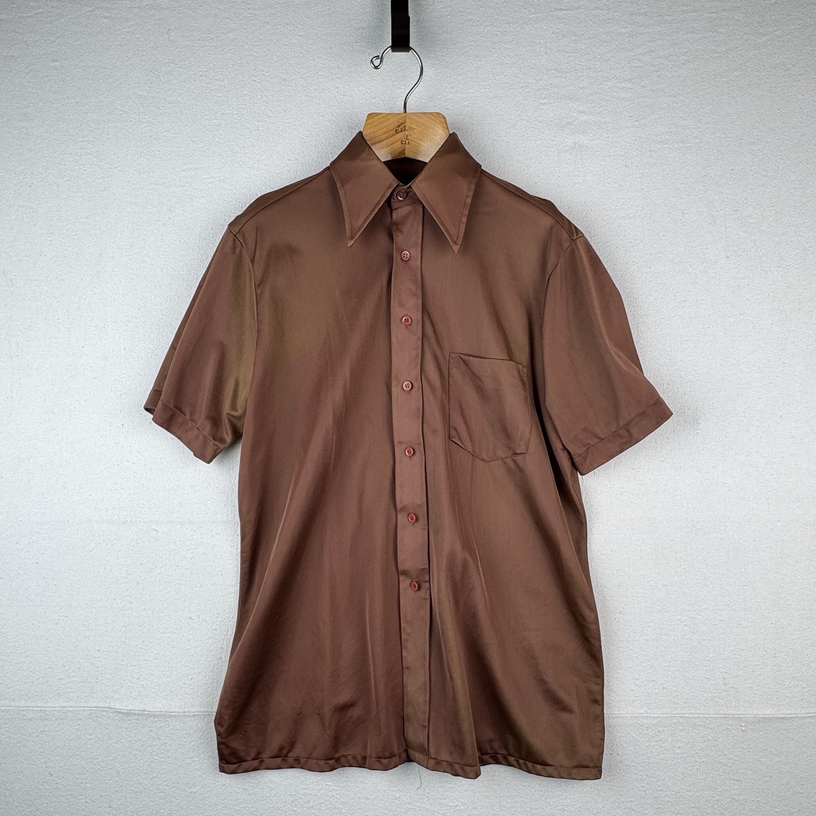 70’s Vintage Bradford Mens Medium Brown Nylon Dagger Collar Shirt
