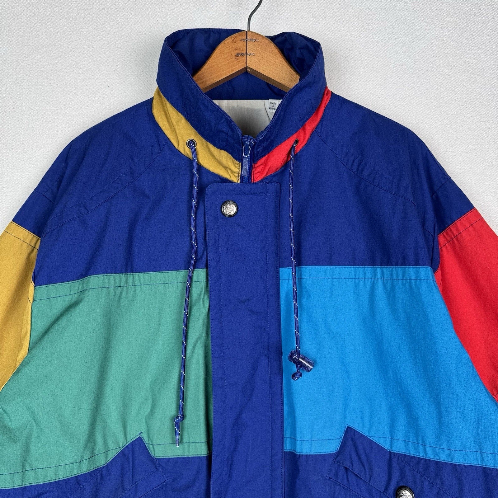 Vtg 90’s London Fog Blue Color Block Wind Jacket Nautical Stowaway Hood Men’s M