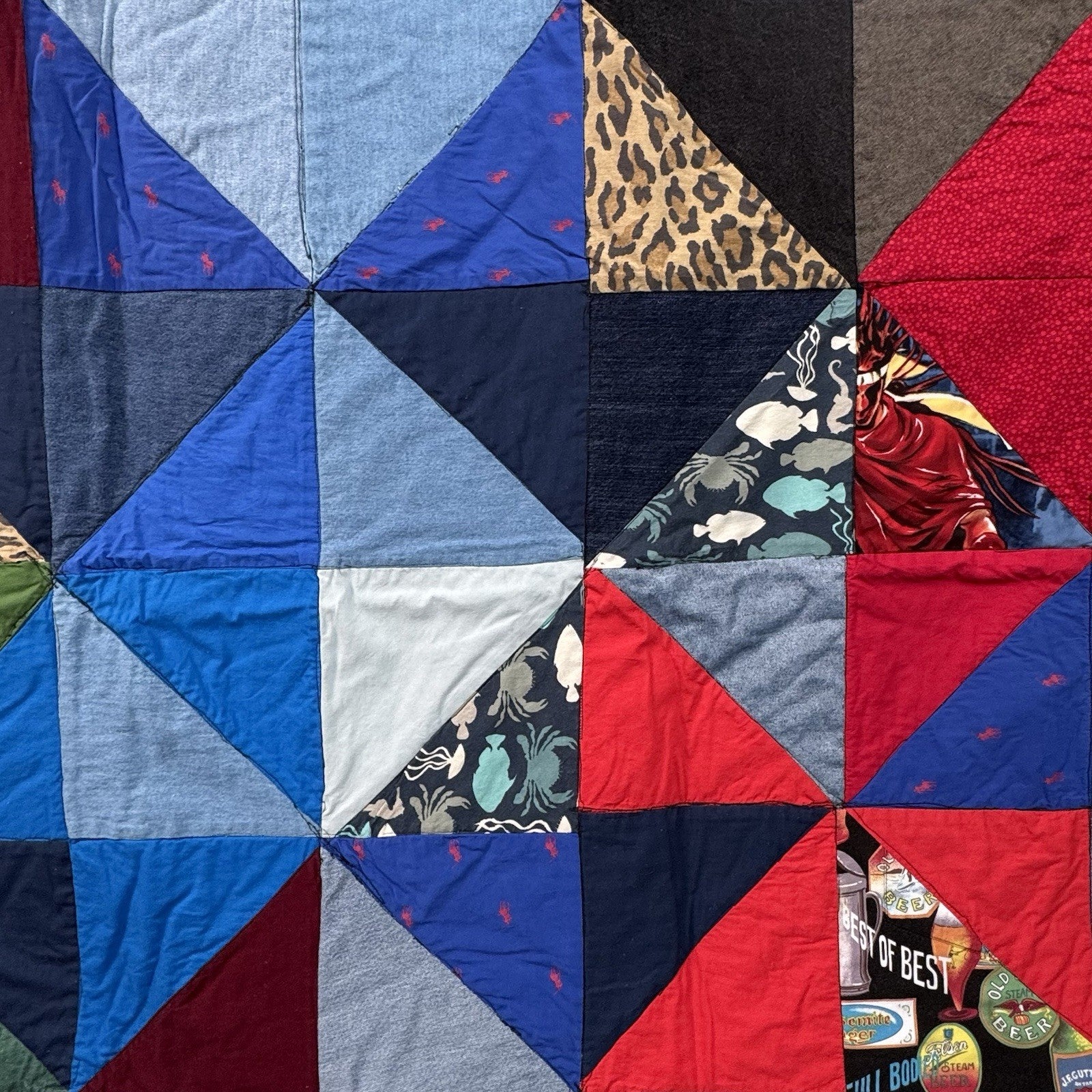 Handmade Square Patchwork Quilt Denim Edging Polo Pony Nautical 65”x65”