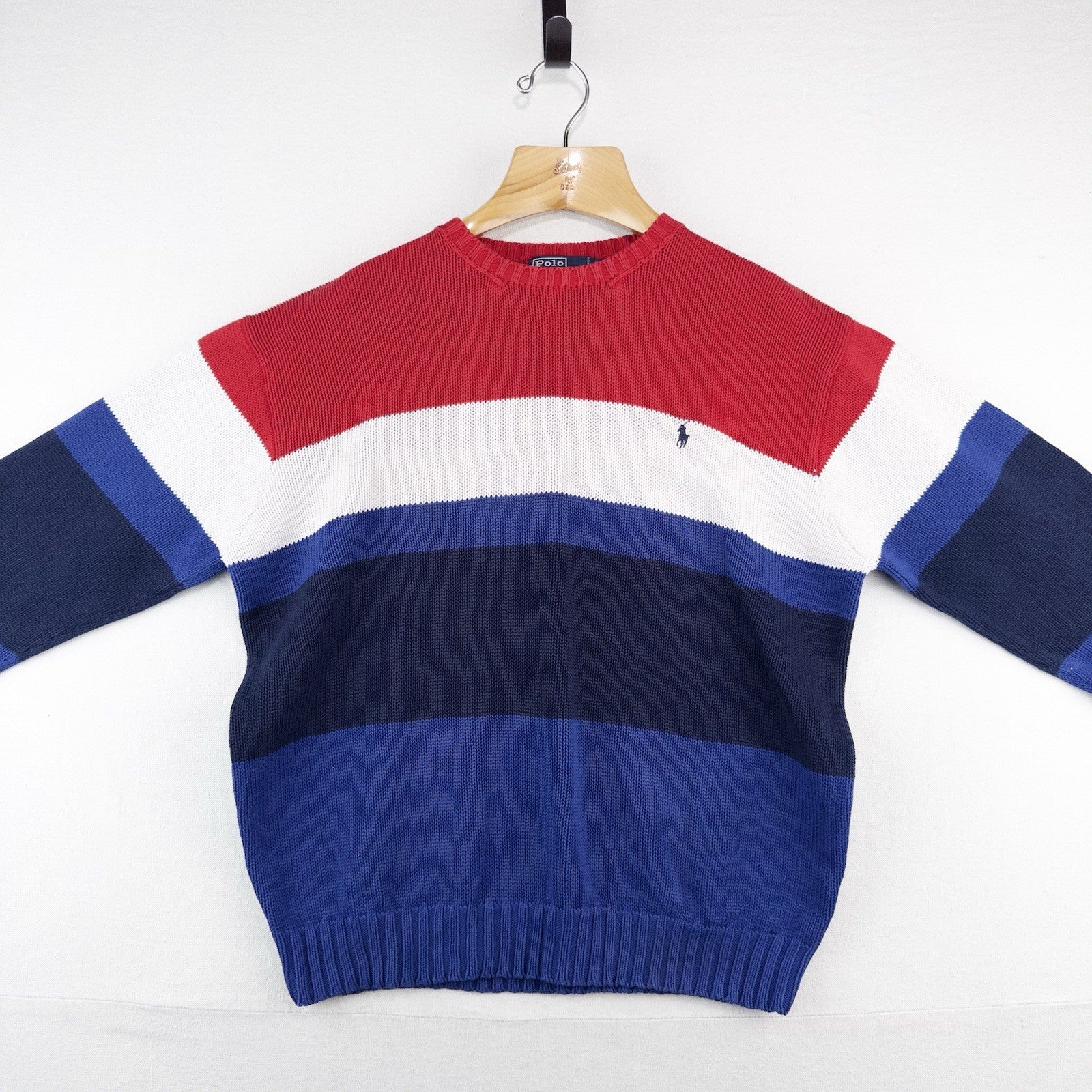 90’s Vtg Polo Ralph Lauren Red White Blue Striped Knitted Sweater Men’s L *Read