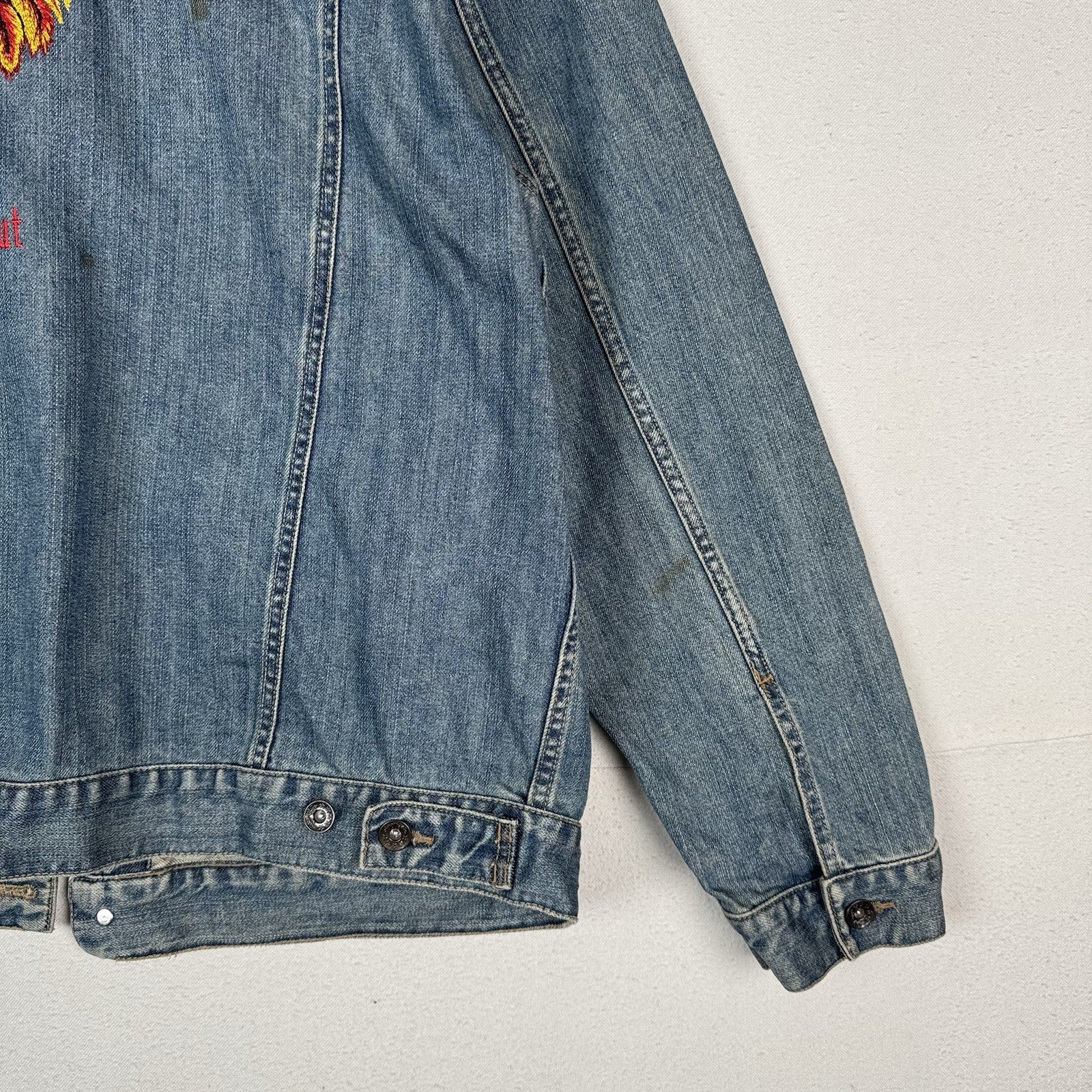 Vtg Old Navy Men’s 2XL Embroidered Jean Jacket Gallo Papa Tiki Hut Rooster *Read
