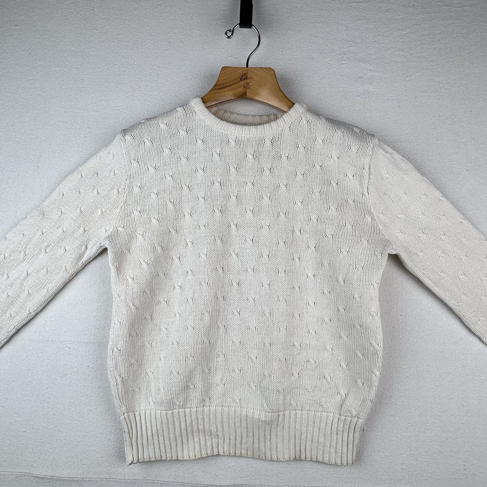Vintage Neiman Marcus Cotton Cable Knit Sweater Ivory Cream Small 40”