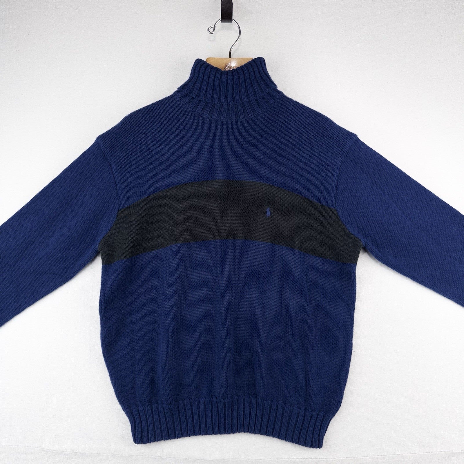90’s Vtg Polo Ralph Lauren Turtleneck Cotton Sweater Men M Blue Black Stripe