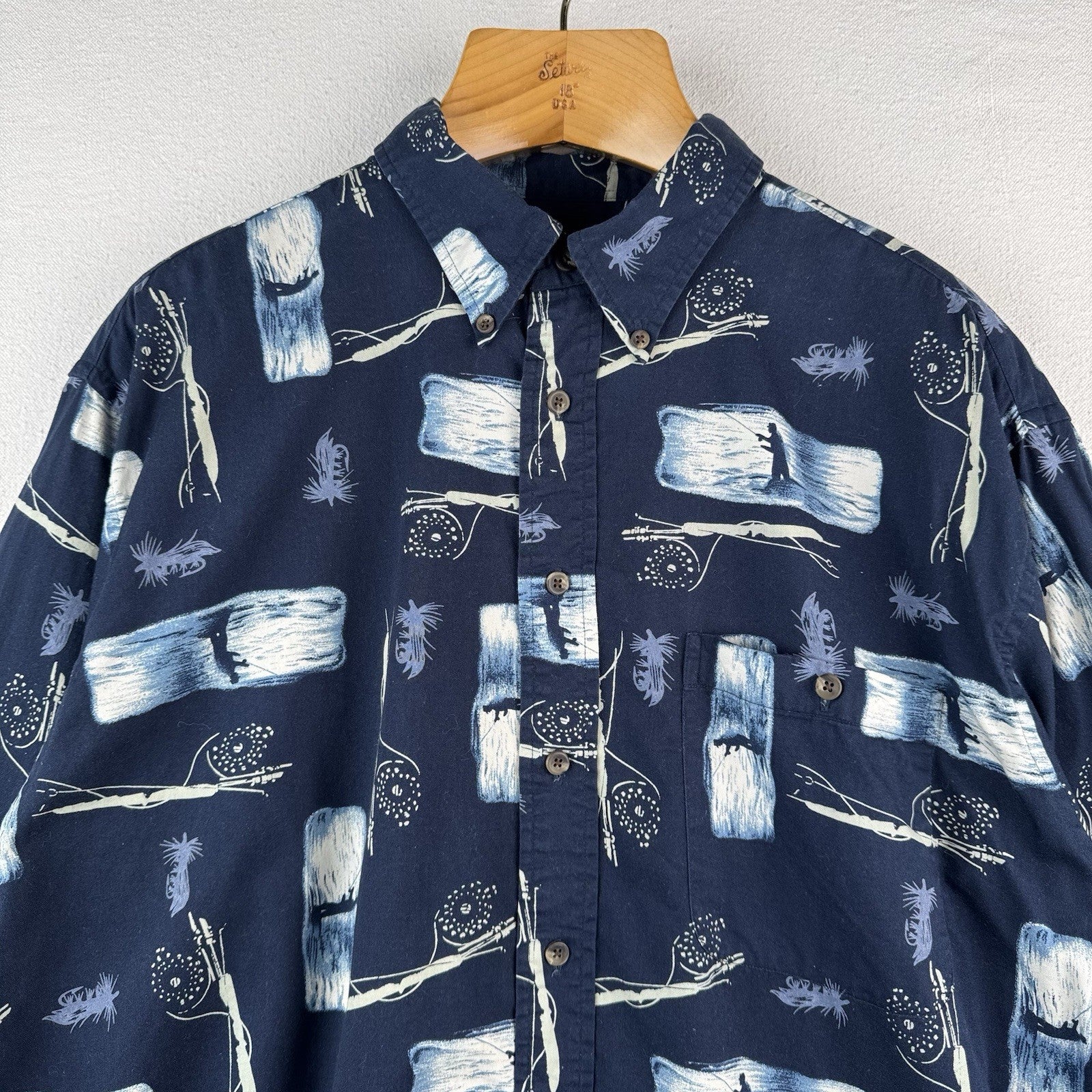 Fly Fishing Fisherman Men’s XL Navy Blue Button Up Shirt 100% Cotton Long Sleeve