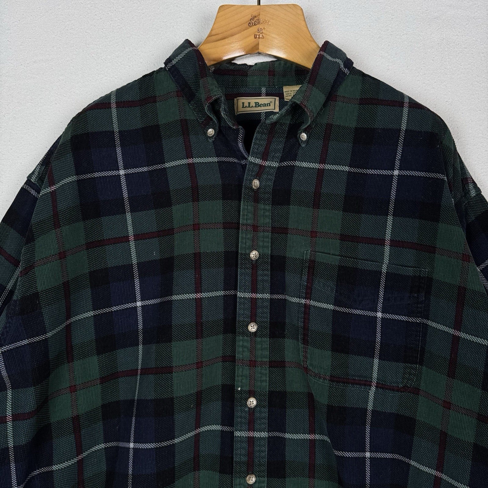 LL Bean Corduroy Blue Green Plaid Men’s 2XL Work Chore Shirt *Lightly Distressed