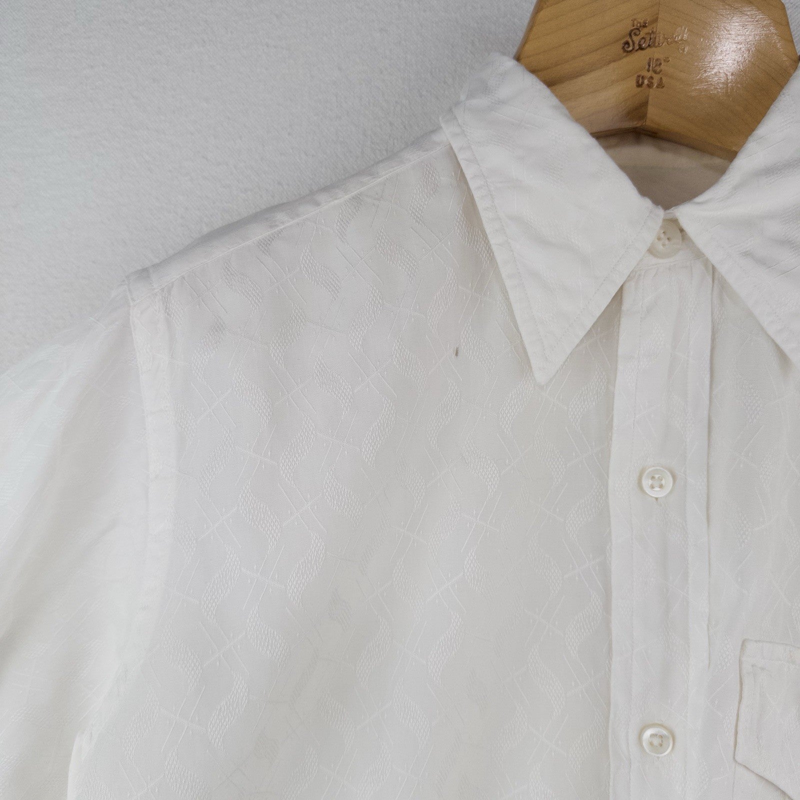 40’s Vtg British-imported Short Sleeve Button Up Jacquard White Shirt Thin L