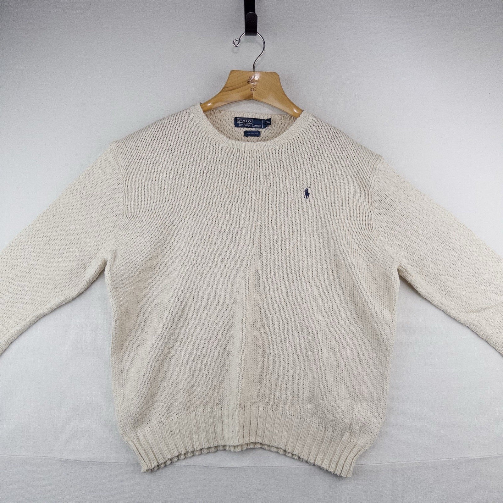 90s Vtg Polo Ralph Lauren Sweater Men's XL Cream 100% Cotton Crewneck Navy Pony
