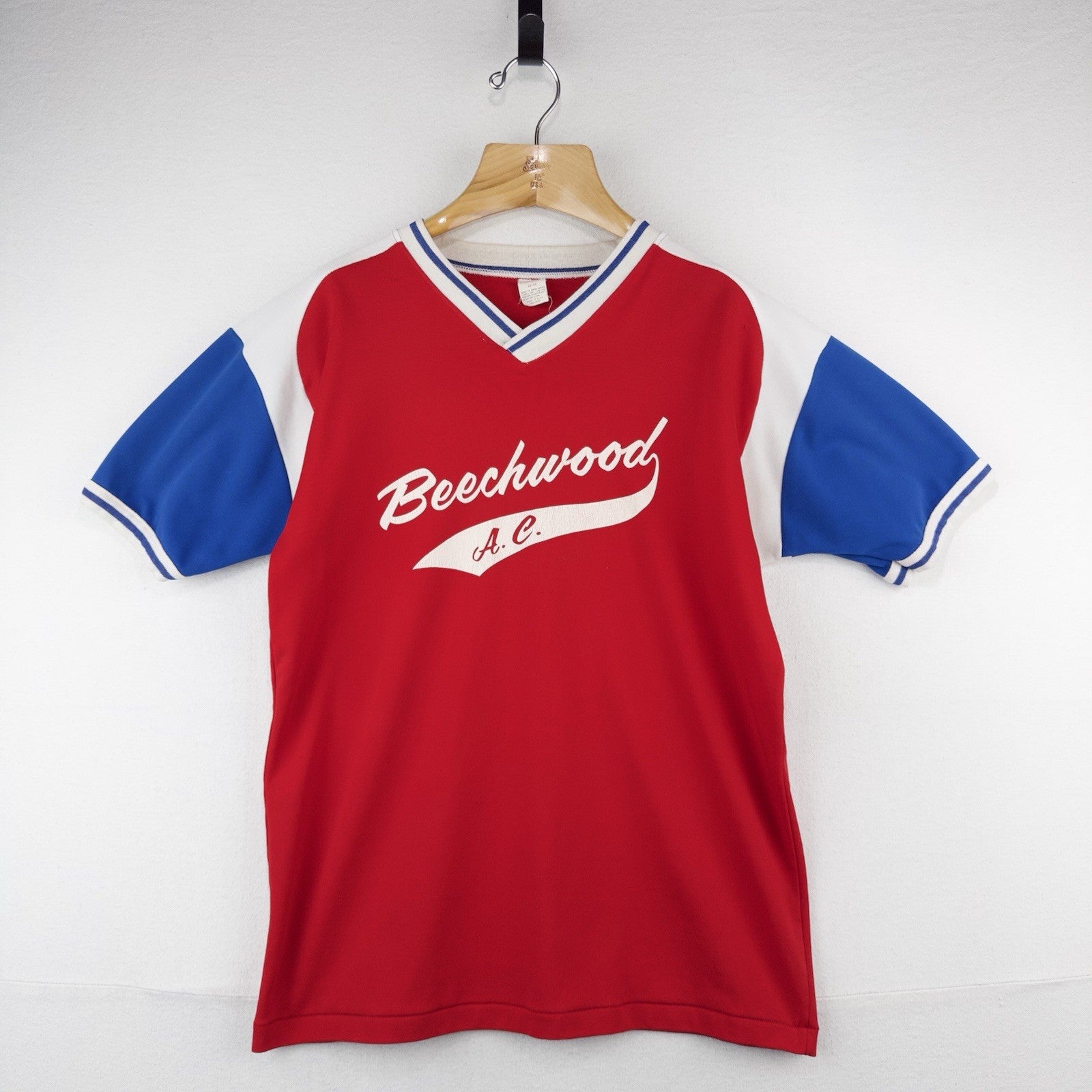 80’s Vtg Mason Ringer V-neck Jersey Men’s 42-44 (L) Red White Blue