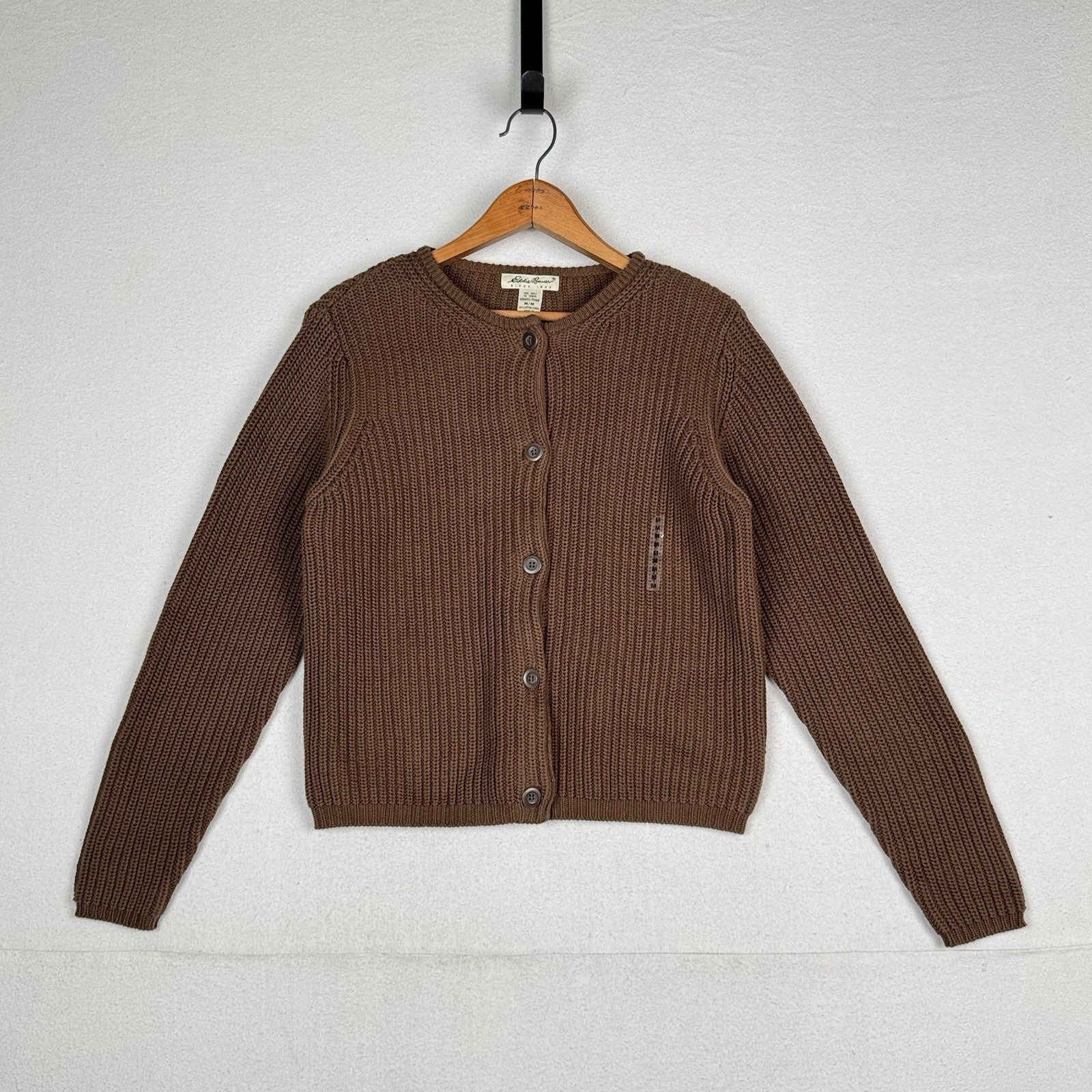 NWT Eddie Bauer Women’s Medium Cable Knit Cardigan Sweater Cotton Coffee Brown