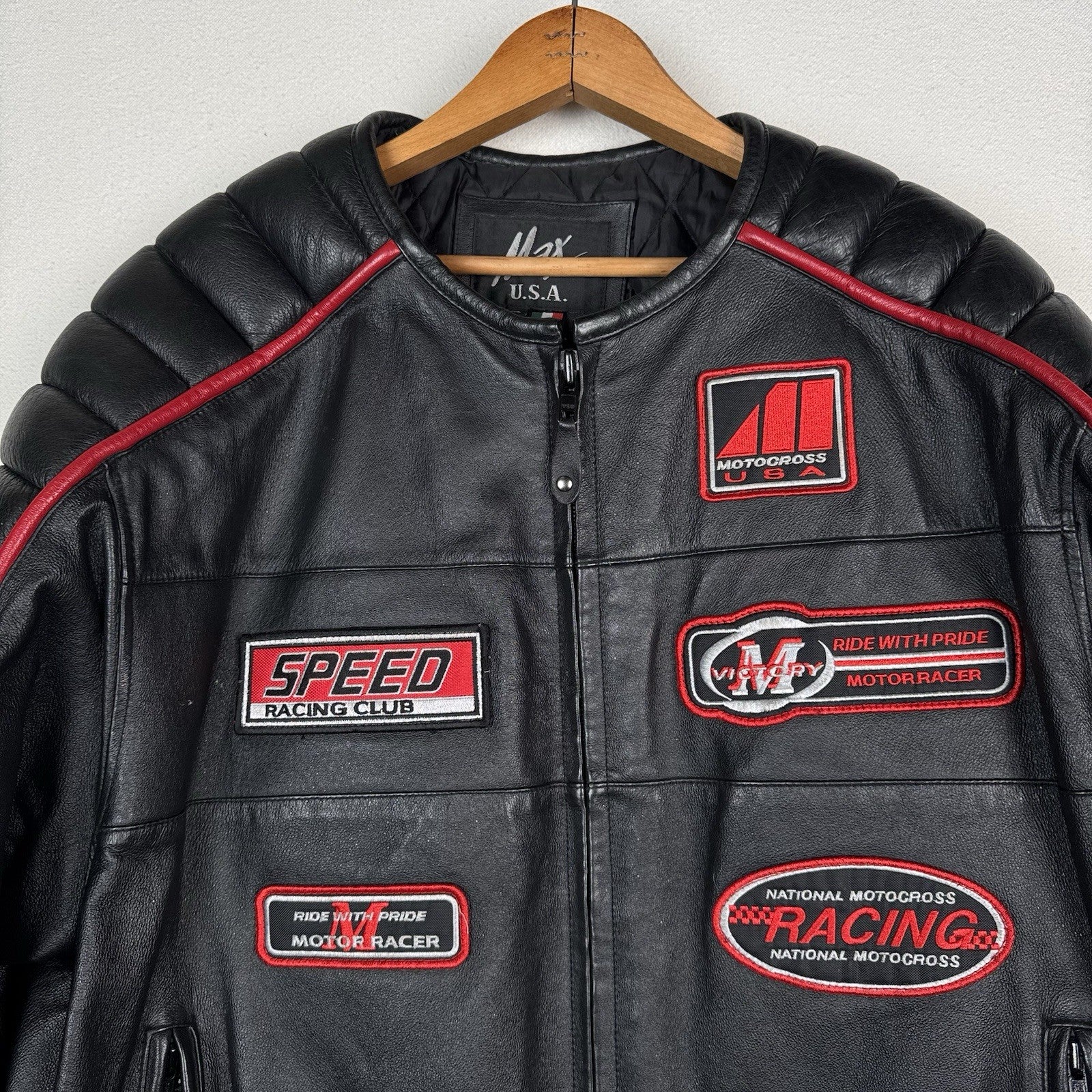 Max USA Men's Motor-cross Black Italian Leather Jacket XL X-Large Patches