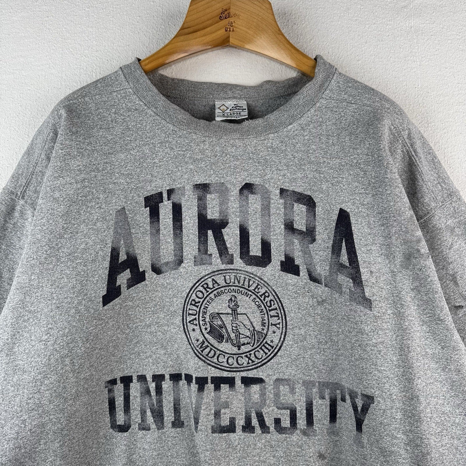 90’S Vtg Aurora University Crewneck Sweatshirt Men’s XL Gray Distressed Made USA
