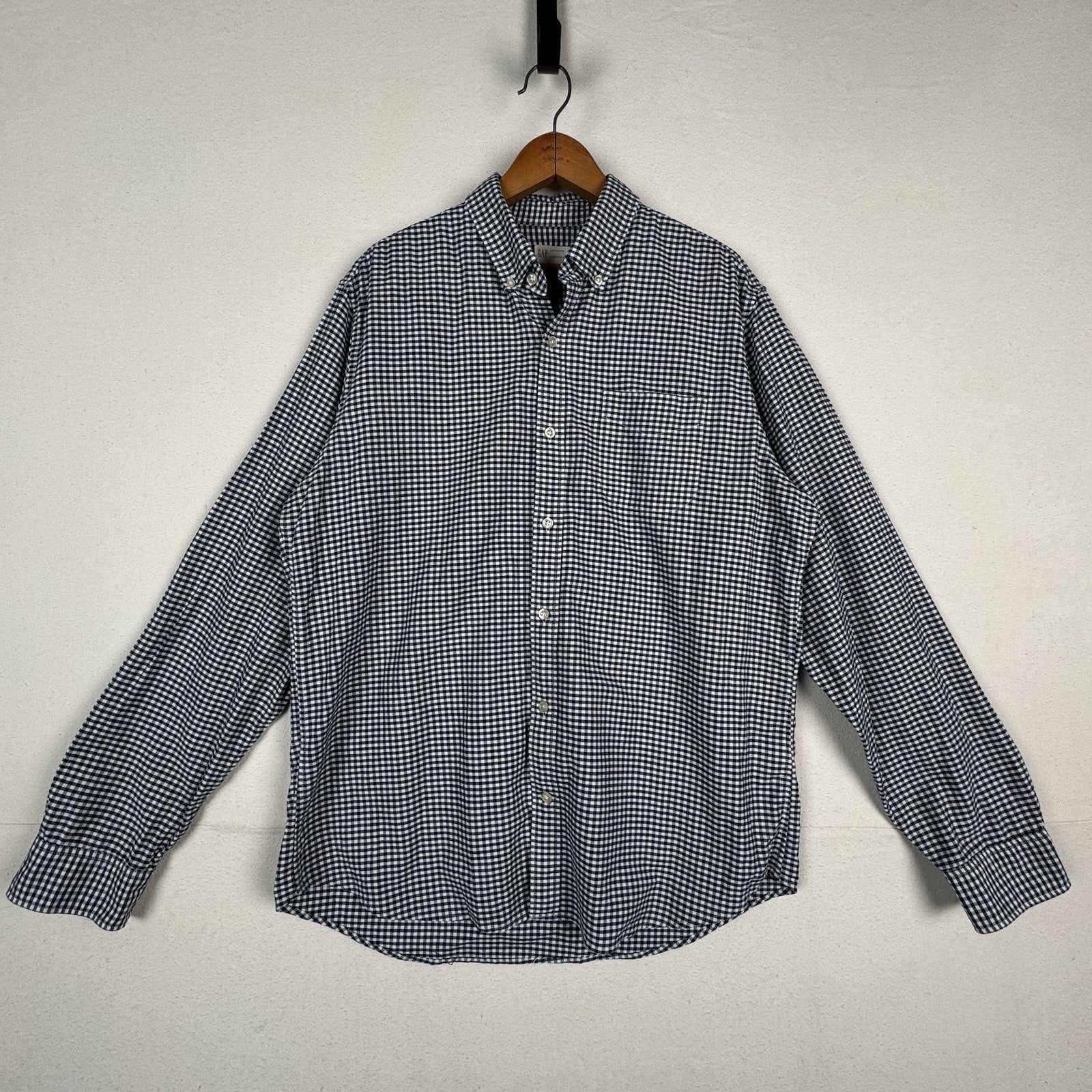 Gap Mens Large Button Up Shirt LS Stretch Stndrd Fit Blue White Gingham Check