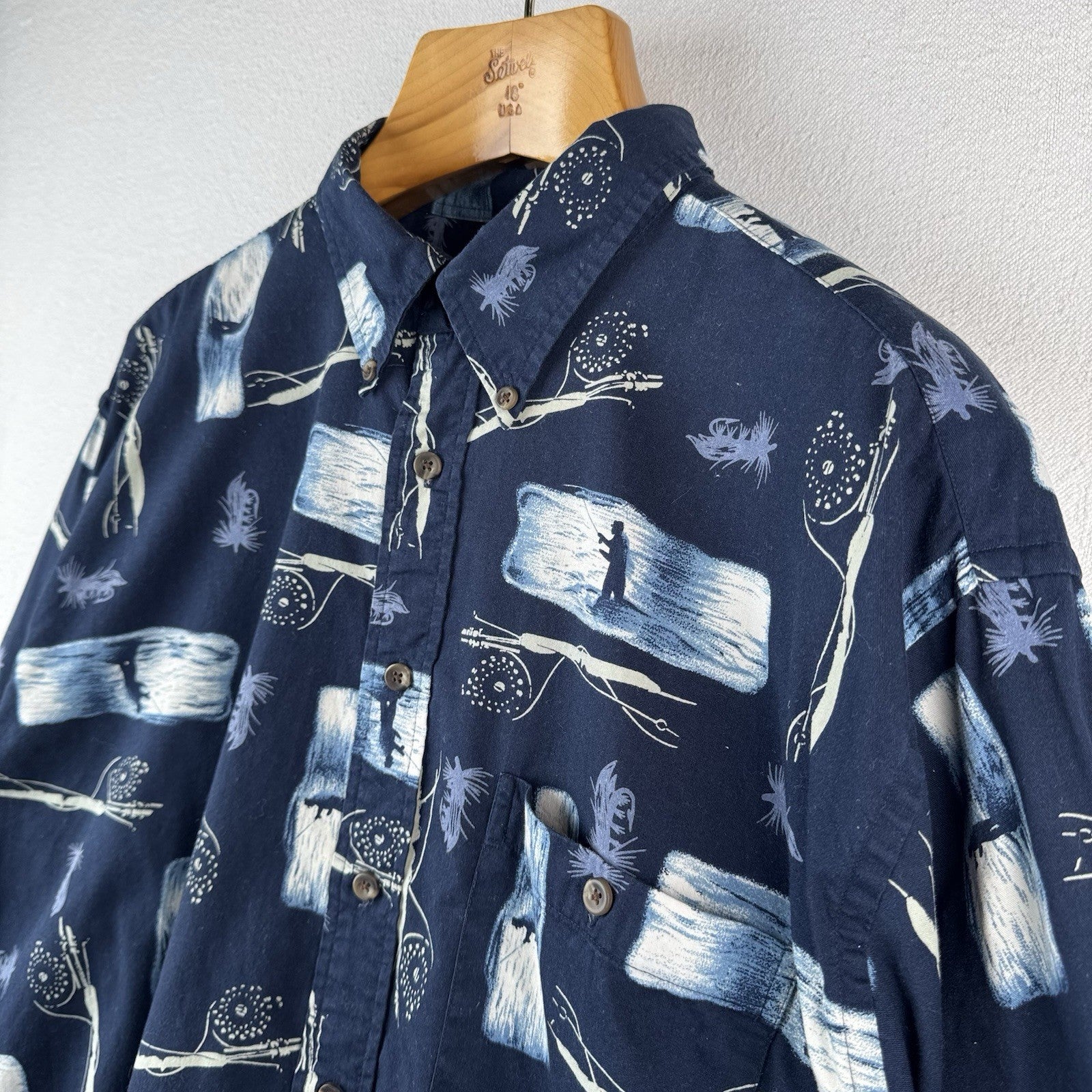 Fly Fishing Fisherman Men’s XL Navy Blue Button Up Shirt 100% Cotton Long Sleeve