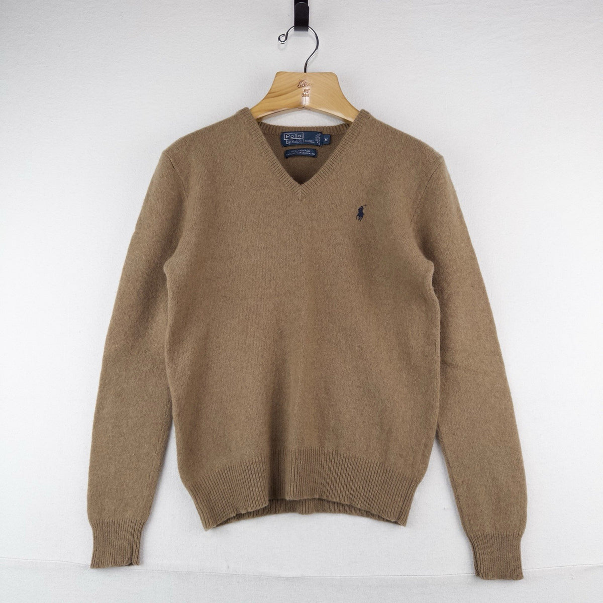 90’s Vtg Polo Ralph Lauren Sweater Men’s M Camel 100% Lambswool Pullover V-Neck