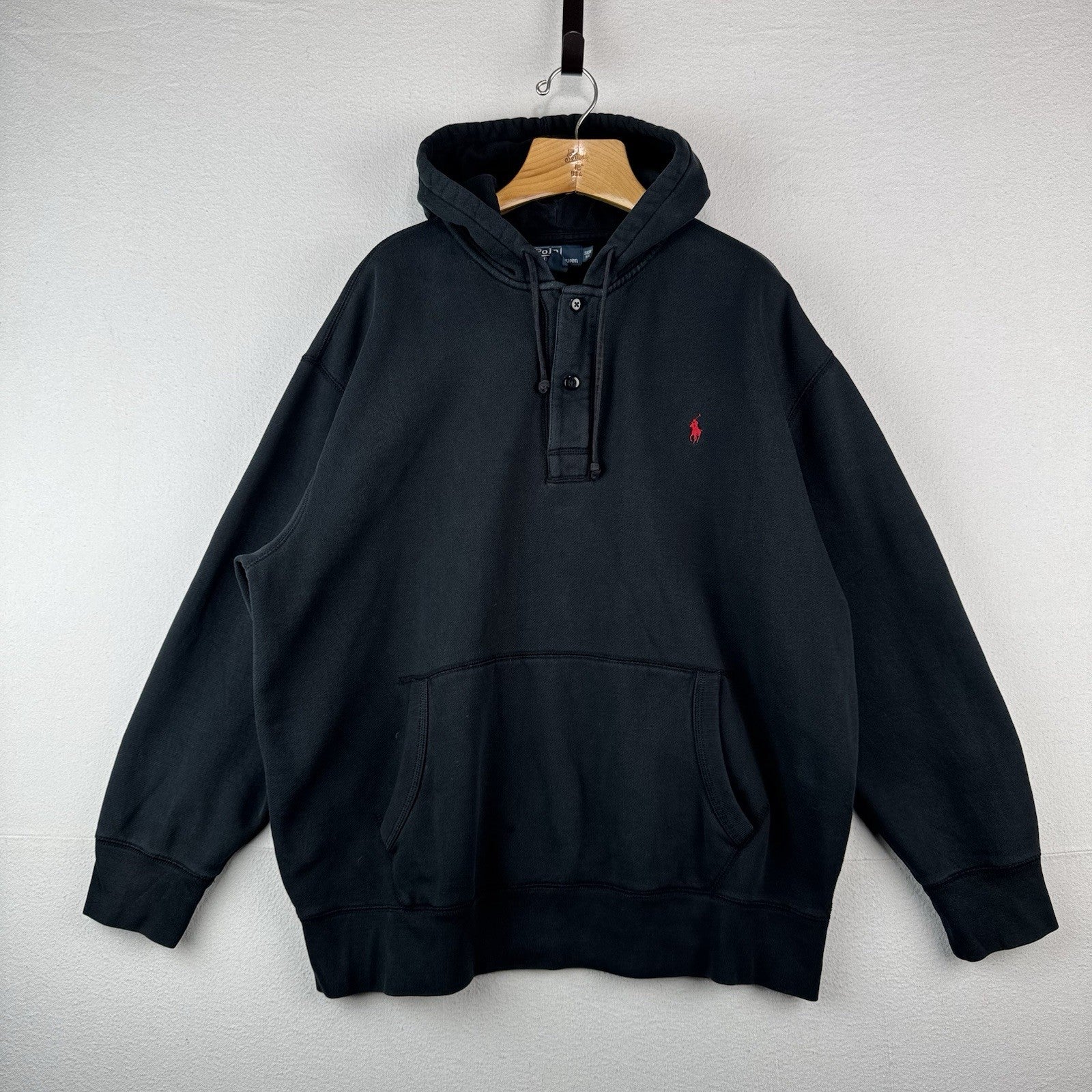 Vintage Polo Ralph Lauren Black Hoodie Men’s 3XB Pullover 2-Button Sweatshirt