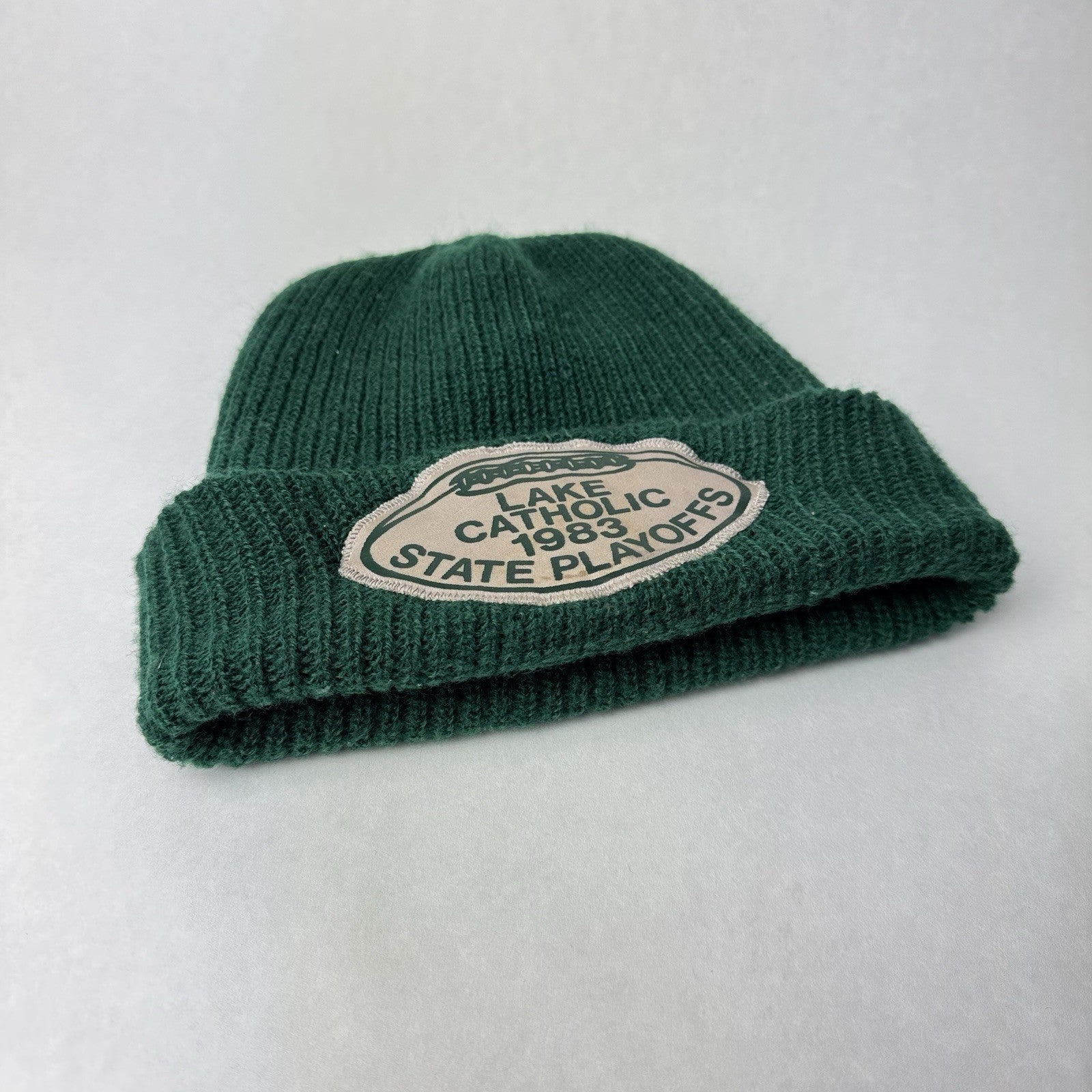 Vintage 1983 Lake Catholic Football State Playoffs Green Beanie Knit Hat 8.5”x7”
