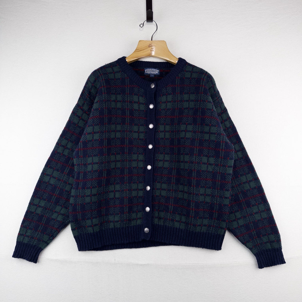 90’s Lands End Tartan Plaid Shetland Wool Cardigan Women’s Large Scotland