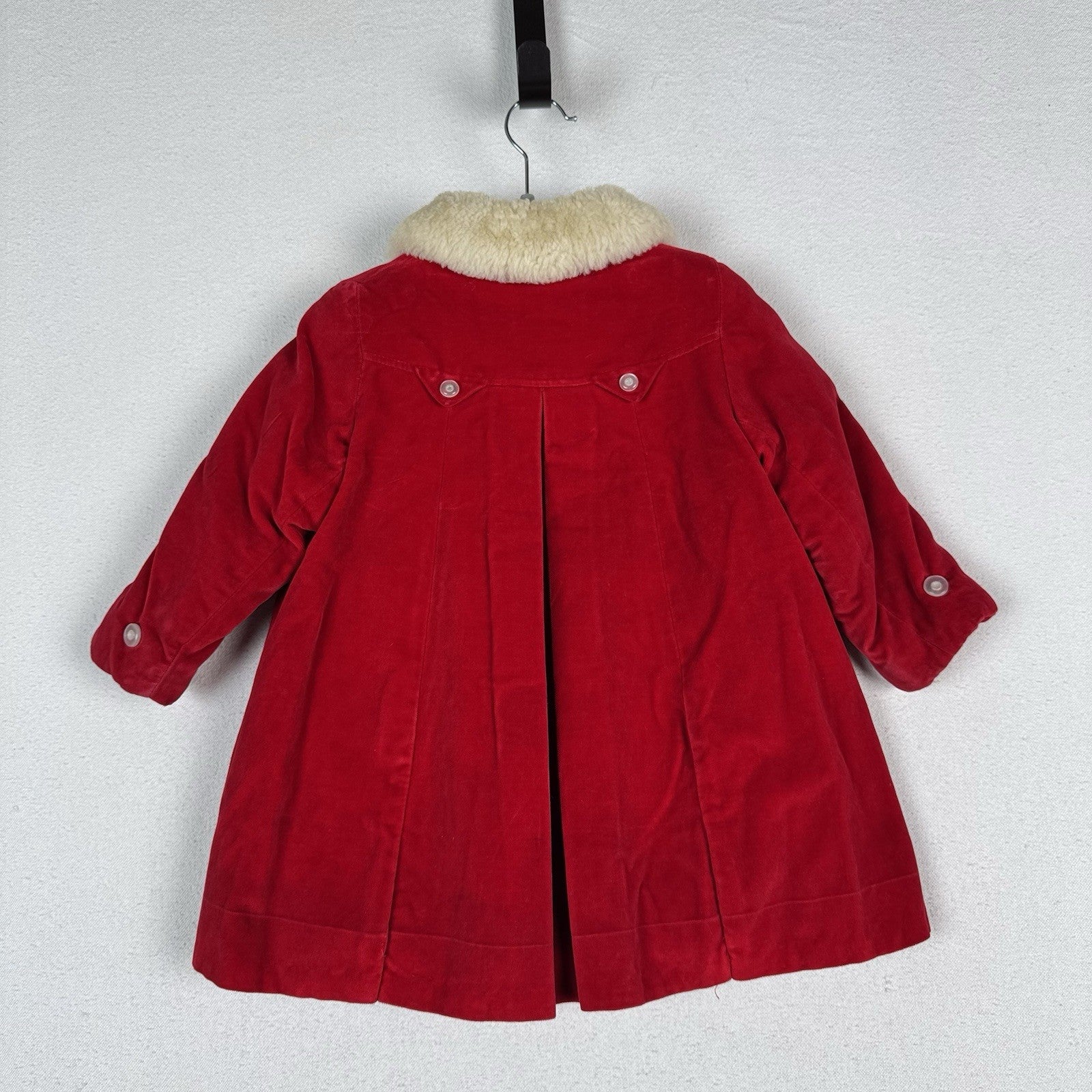 Vintage 60’s 70’s Red Velvet Swing Coat Fur Collar Made In Canada 3T Toddler