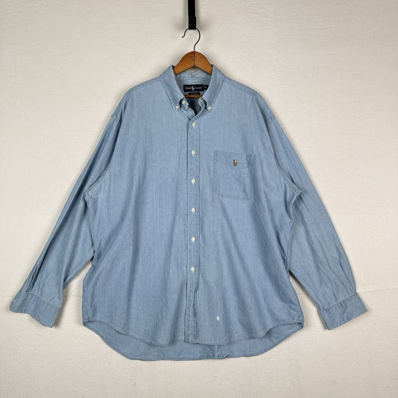 Vtg Ralph Lauren Men’s XL Blue Chambray Big Shirt Embroidered Pony Cotton
